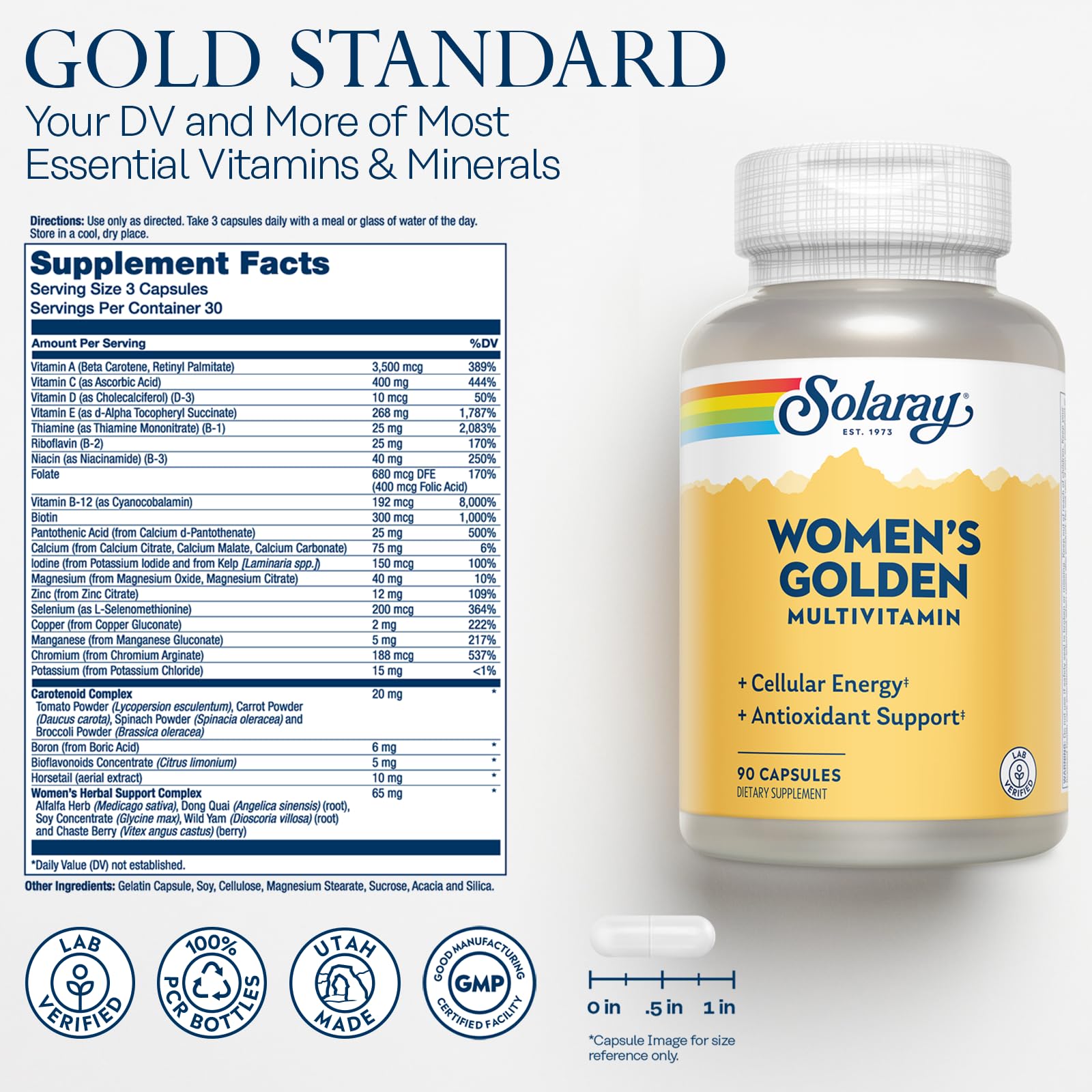 SOLARAY Women's Golden Multivitamin Supplement - Daily Wellness Vitamins for Women, Nutrient Rich, Cellular Energy Support Caps, Complex with Vitamins A, C, D, & E, Biotin, Calcium & More- 90 Capsules SOLARAY buy supplements canada