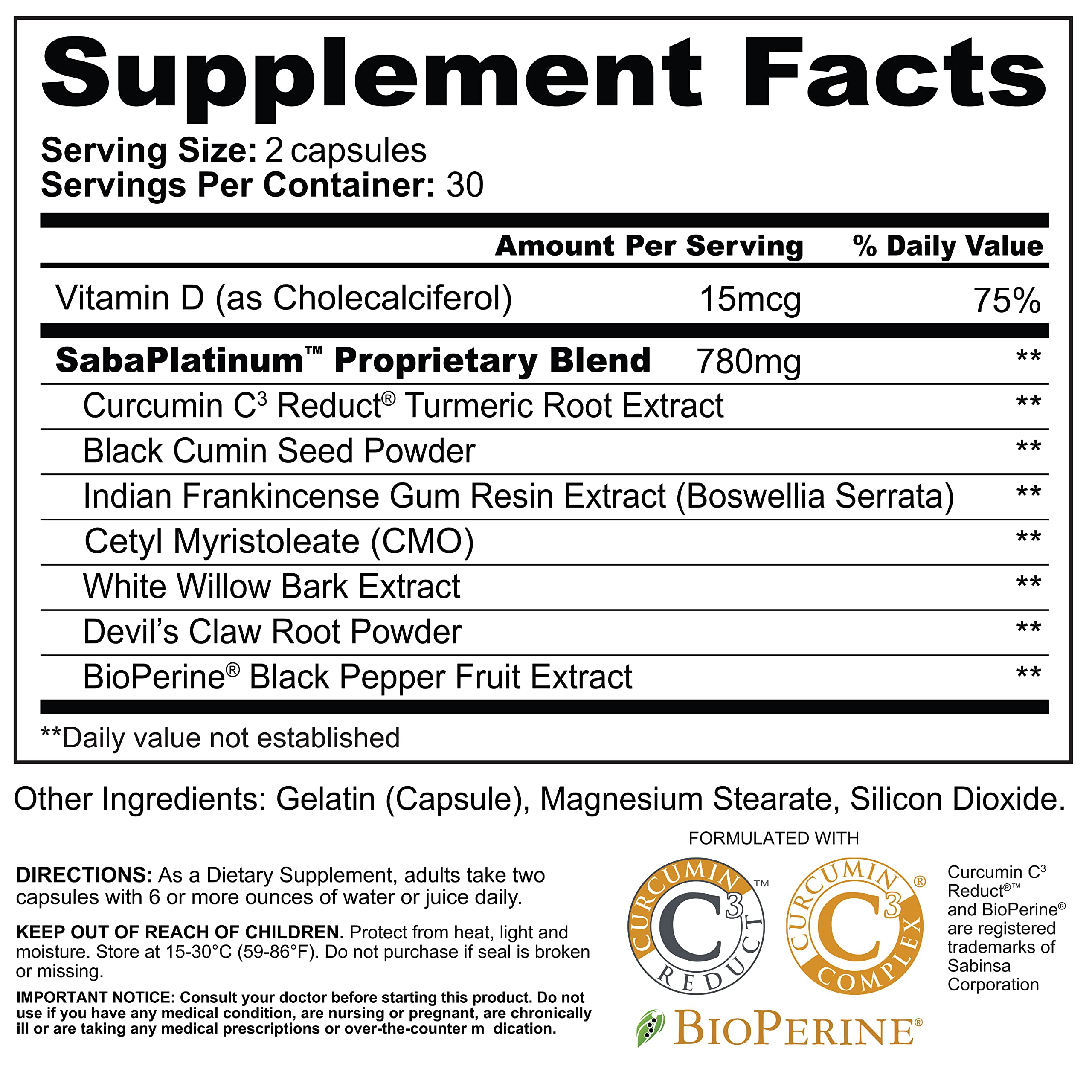 Saba Platinum Joint Support – High Absorption Curcumin C3 Reduct & Boswellia – Fast Acting Turmeric Supplement for Joint Pain Relief, Mobility & Healthy Inflammation Response – 60 Vegan Capsules Saba buy supplements canada