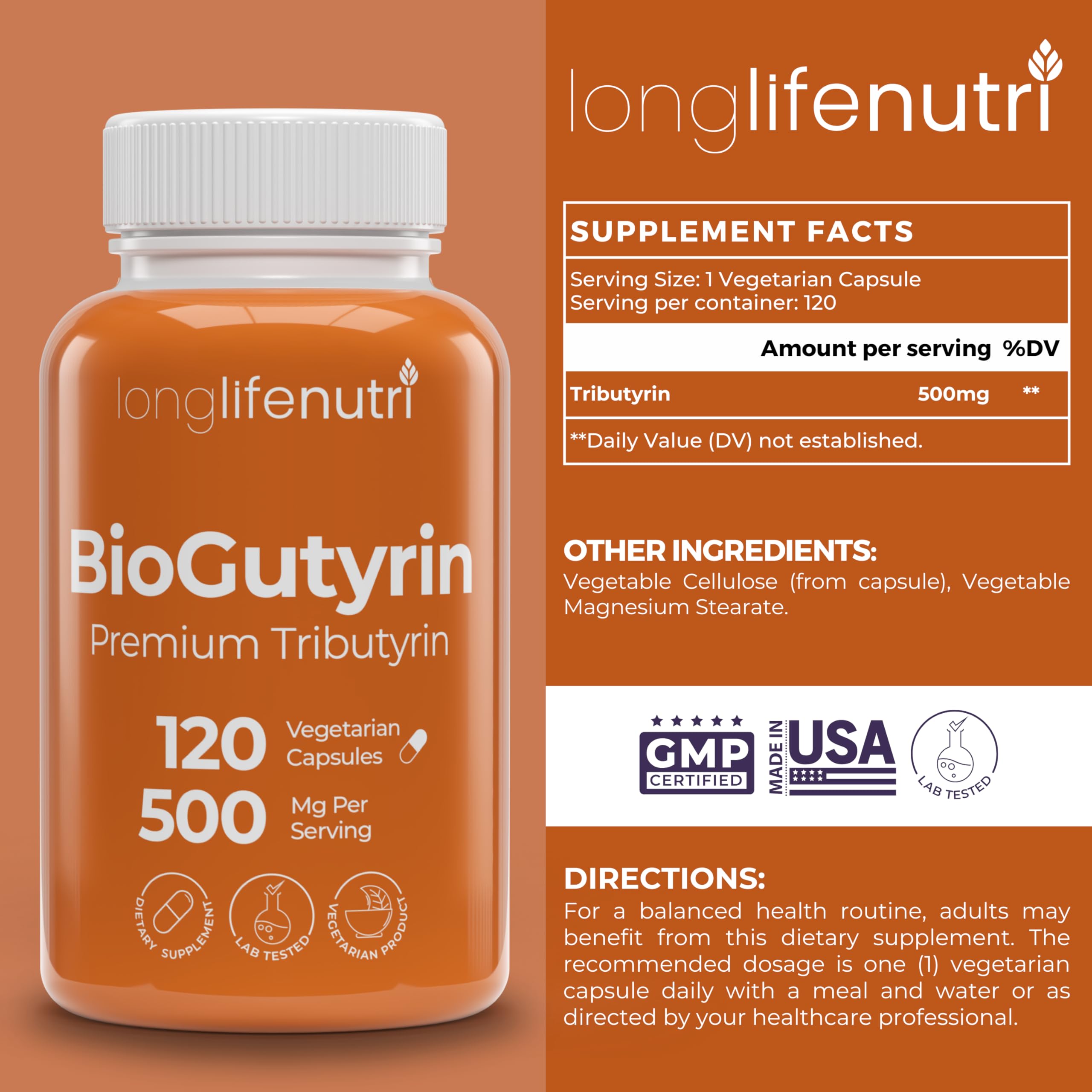 BioGutyrin – Tributyrin 500mg, Postbiotic Supplement for Gut Function & Nutrient Absorption, 120 Vegetarian Capsules, Butyric Acid for Butyrate Production, 4-Month Supply, GMP Certified, Made in USA LongLifeNutri buy supplements canada