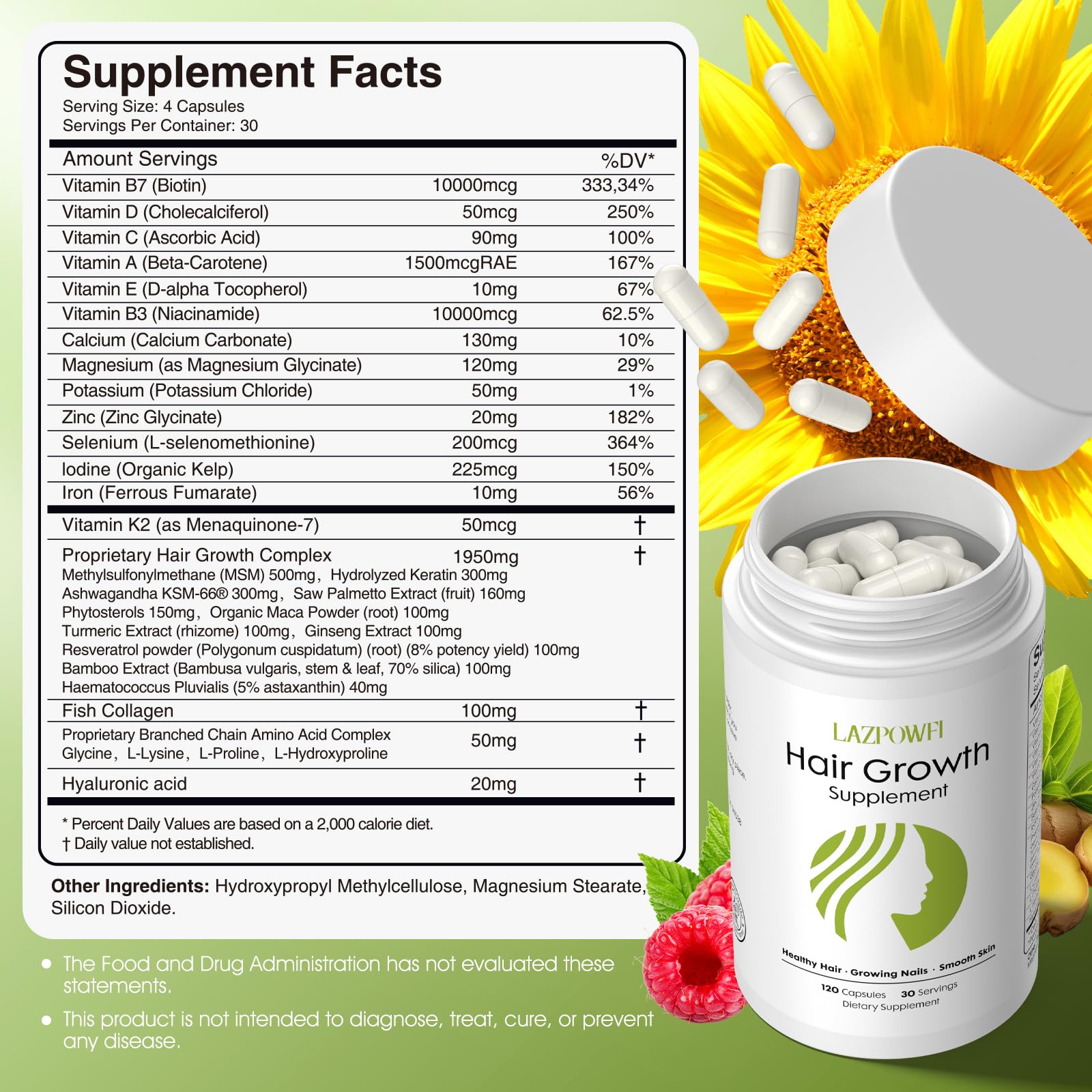 Lazpowfi Hair Growth Supplement, Biotin 10000mcg, 32-in-1 with Vitamin A, B3, C, Magnesium, Calcium, Hair Growth Products, Supports Hair & Nails Natural Growth Vitamins, for Women & Men - 30 Servings Lazpowfi buy supplements canada