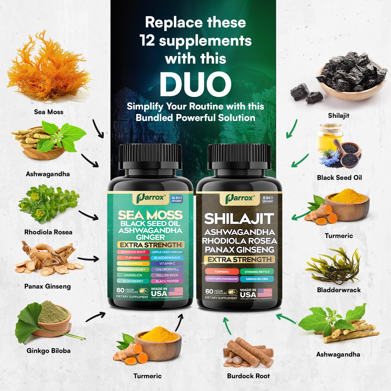 Parrox Shilajit and Sea Moss Bundle, Sea Moss 350mg, Black Seed Oil 200mg, Ashwagandha 100mg, Turmeric, Shilajit 300mg, Rhodiola Rosea 100mg, Panax Ginseng 50mg, Dynamic Vitality Bundle (2 Pack) Parrox buy supplements canada