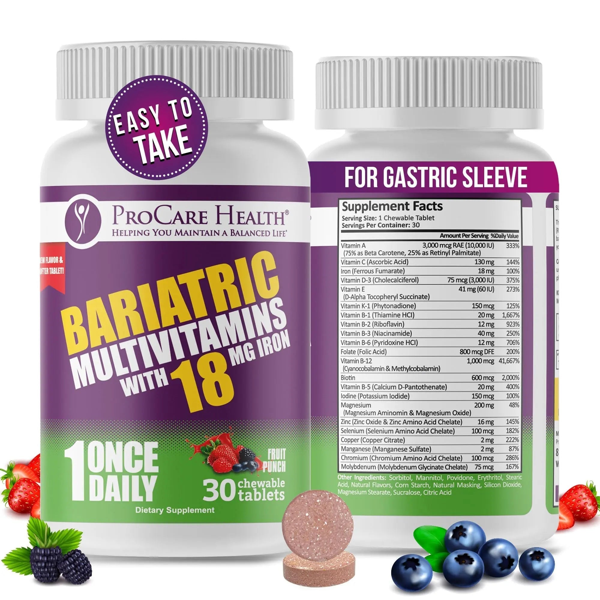 ProCare Health Bariatric Chewable Multivitamin with Iron 18mg (30 Tablets) - Fruit Punch Flavor Bariatric Multivitamin Chewable ProCare Health buy supplements canada