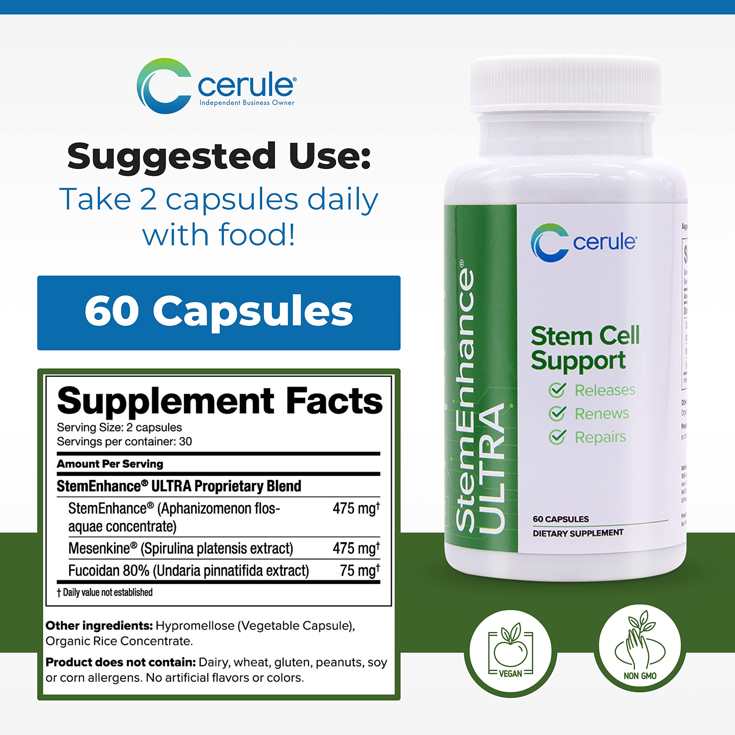 Cerule StemEnhance Ultra Natural Stem Cell Support Supplement – Freshwater Microalgae and Marine Macroalgae Extracts for Cellular Renewal, Immune Function, Energy, and Tissue Recovery – 60 Capsules Cerule buy supplements canada