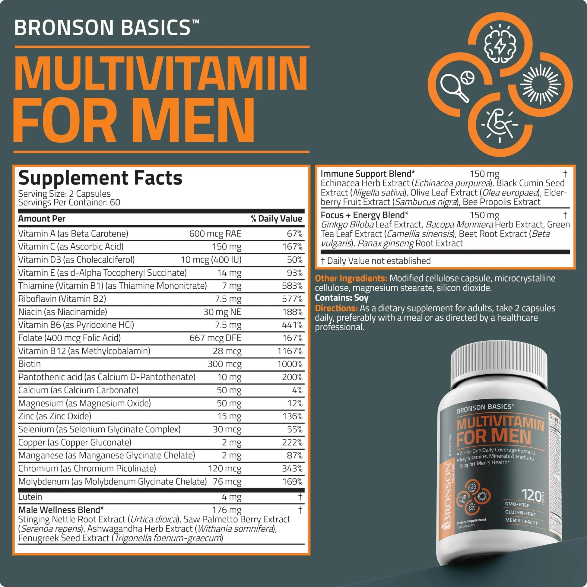Bronson Multivitamin for Men All-in-One Daily Coverage Formula Key Vitamins, Minerals & Herbs to Support Men's Health, 120 Capsules Bronson buy supplements canada