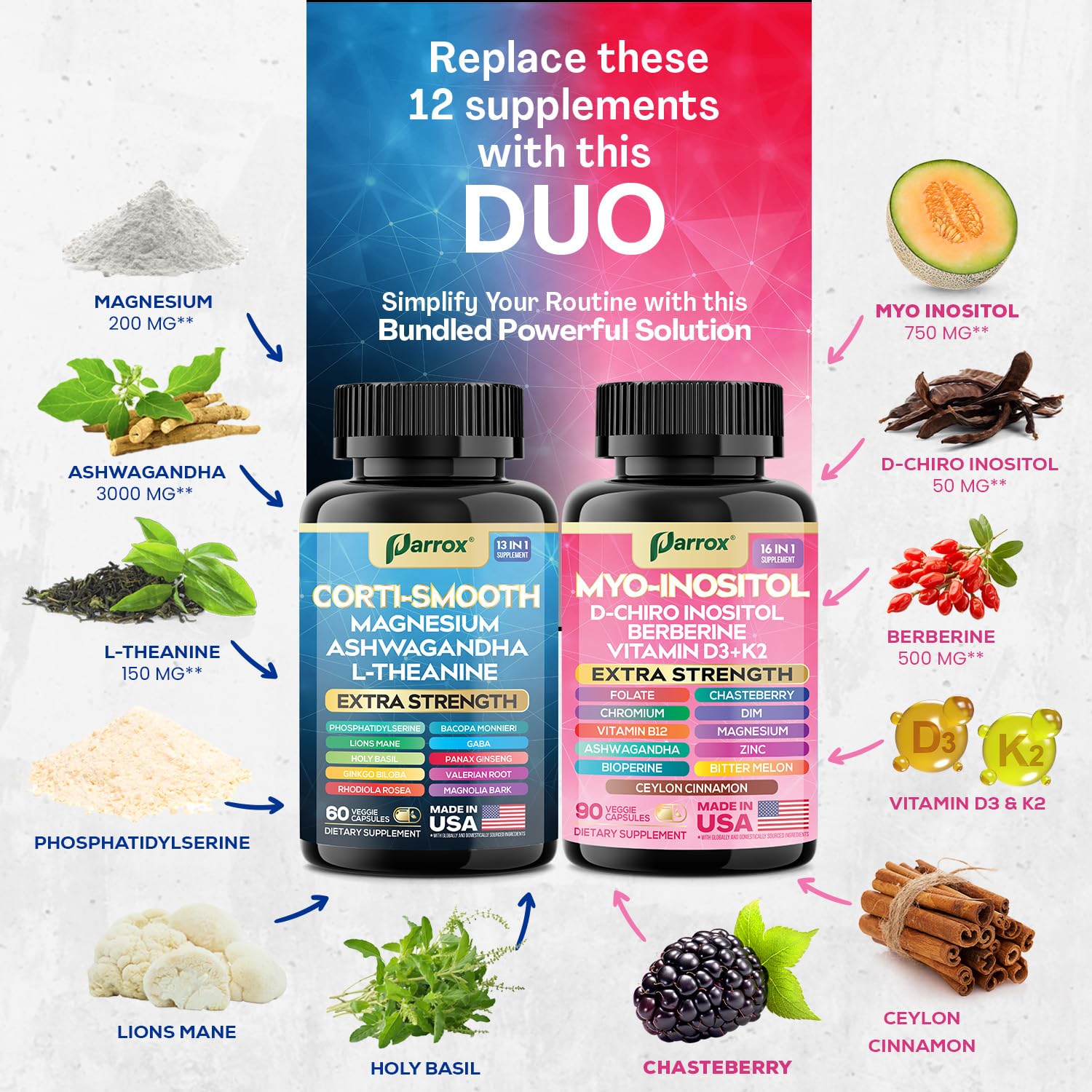 Parrox Cortisol & Myo-Inositol Supplement Bundle, Soothe & Smooth Bundle, 13-in-1 Cortisol Balance, Magnesium, Ashwagandha, L-Theanine, D-Chiro Inositol, Folate, Berberine, Chasteberry (150 Capsules) Parrox buy supplements canada