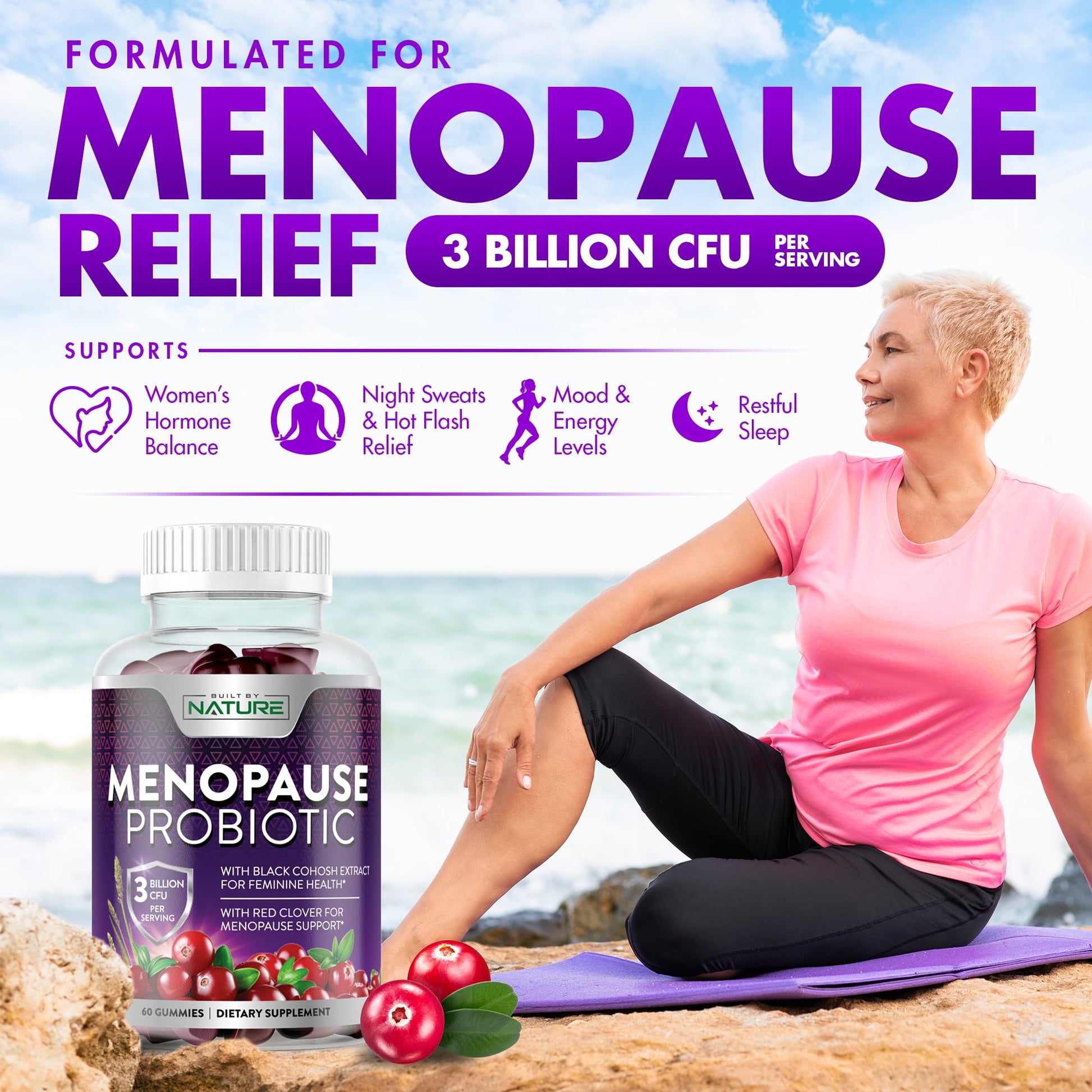 Menopause Supplements for Women - Menopause Probiotic Gummy - Women’s Menopause Relief for Hot Flashes, Night Sweats & Mood Swings with Black Cohosh & Cranberry - Non-GMO, Vegan - 60 Gummies Built by Nature buy supplements canada