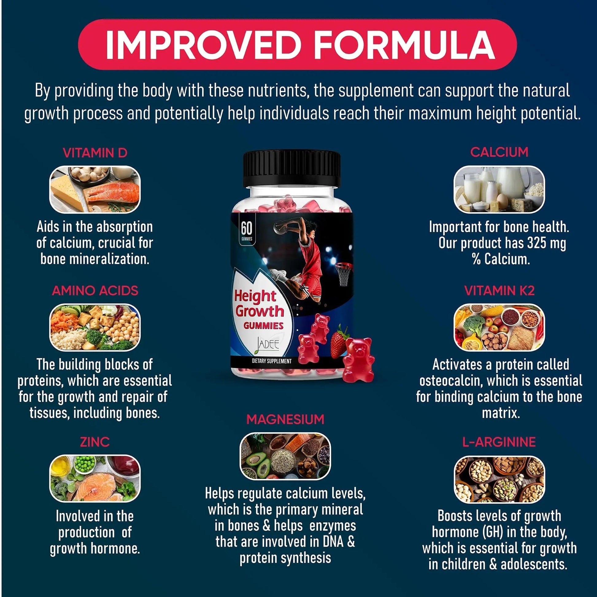 Jadee Height Growth Gummies for Teens & Kids Calcium 325mg, Teen Vitamins D3,K2,C, Magnesium, Ashwagandha, Zinc, L-Arginine Jadee buy supplements canada