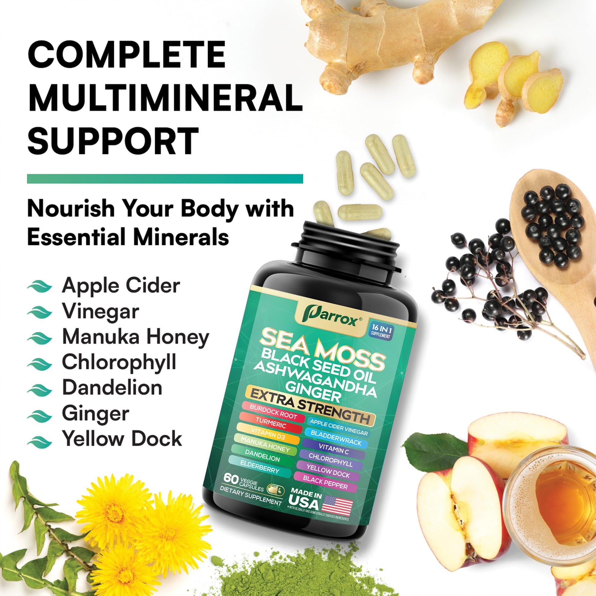 Parrox Sea Moss, Black Seed Oil, Ashwagandha, Turmeric, Chlorophyll, Dandelion, Ginger, Vitamin D3, Black Pepper, Elderberry, ACV, Yellow Dock, Burdock Root, Manuka, Vitamin C, Bladderwrack (60 Caps) Parrox buy supplements canada