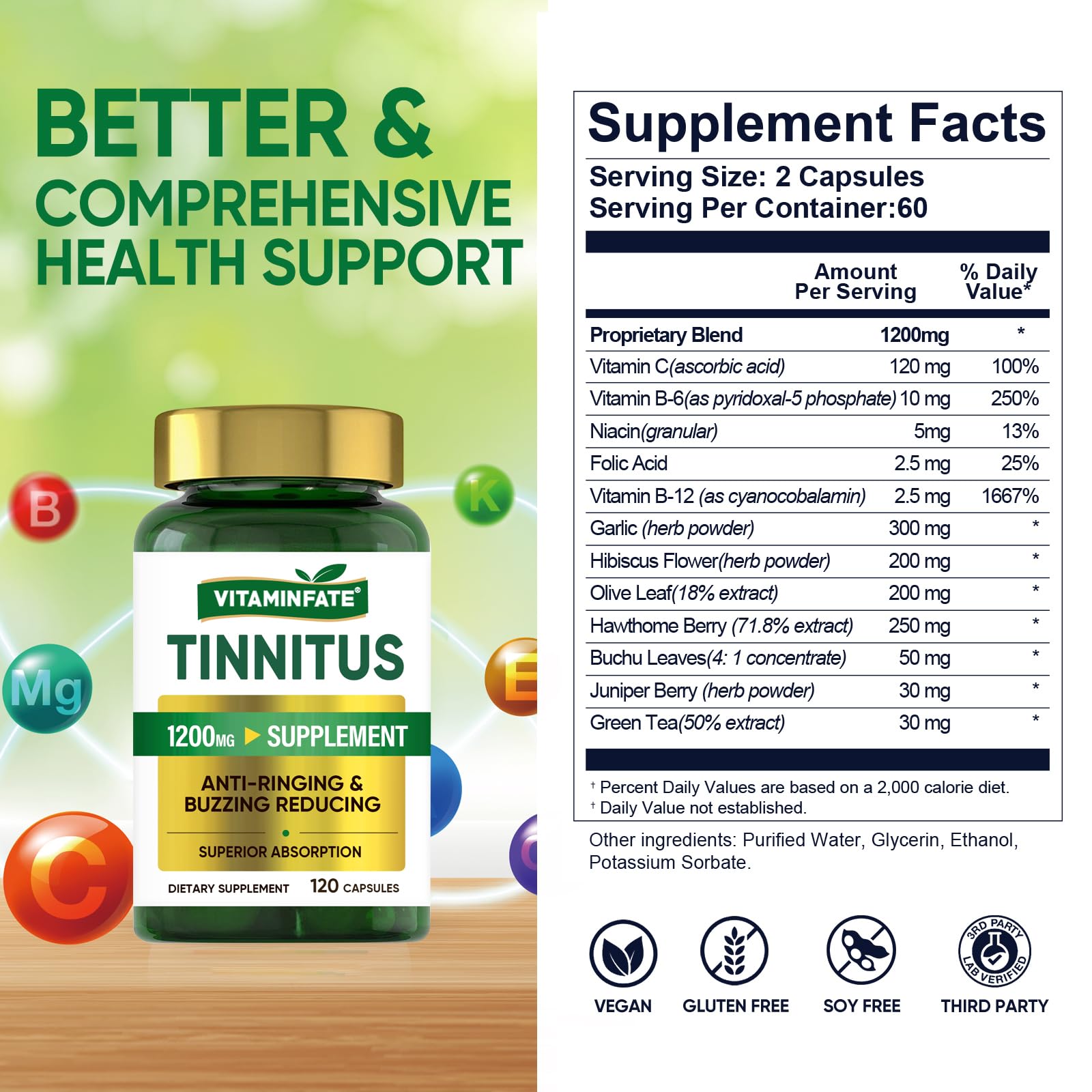 Tinnitus Relief for Ringing Ears 1200mg - 120 Capsules Advanced Ear Health Support Supplement | Supports Ear Health and Reduces Tinnitus Symptoms - Non-GMO & Vegan VITAMINFATE buy supplements canada