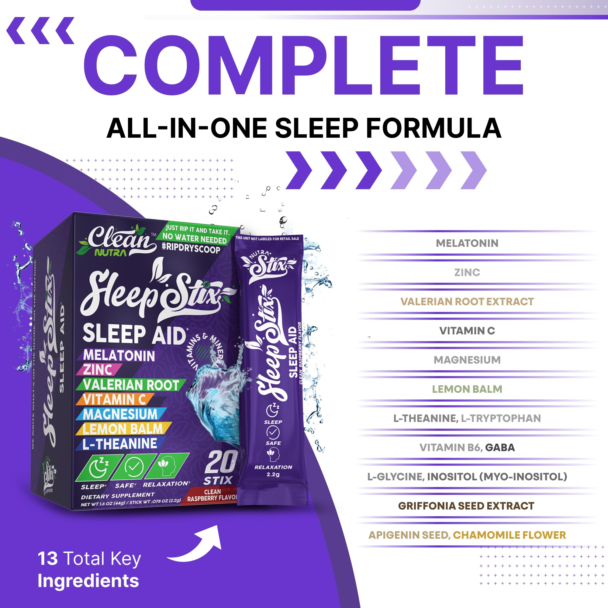 Sleep Aid Melatonin Powder Tryptophan Glycine Valerian Root Magnesium For Sleep Lemon Balm L Theanine Magnesium Glycinate Zinc Sleep Aid Myo Inositol GABACalm B6 5 HTP Stress Relief 20 Stix Clean Nutraceuticals buy supplements canada