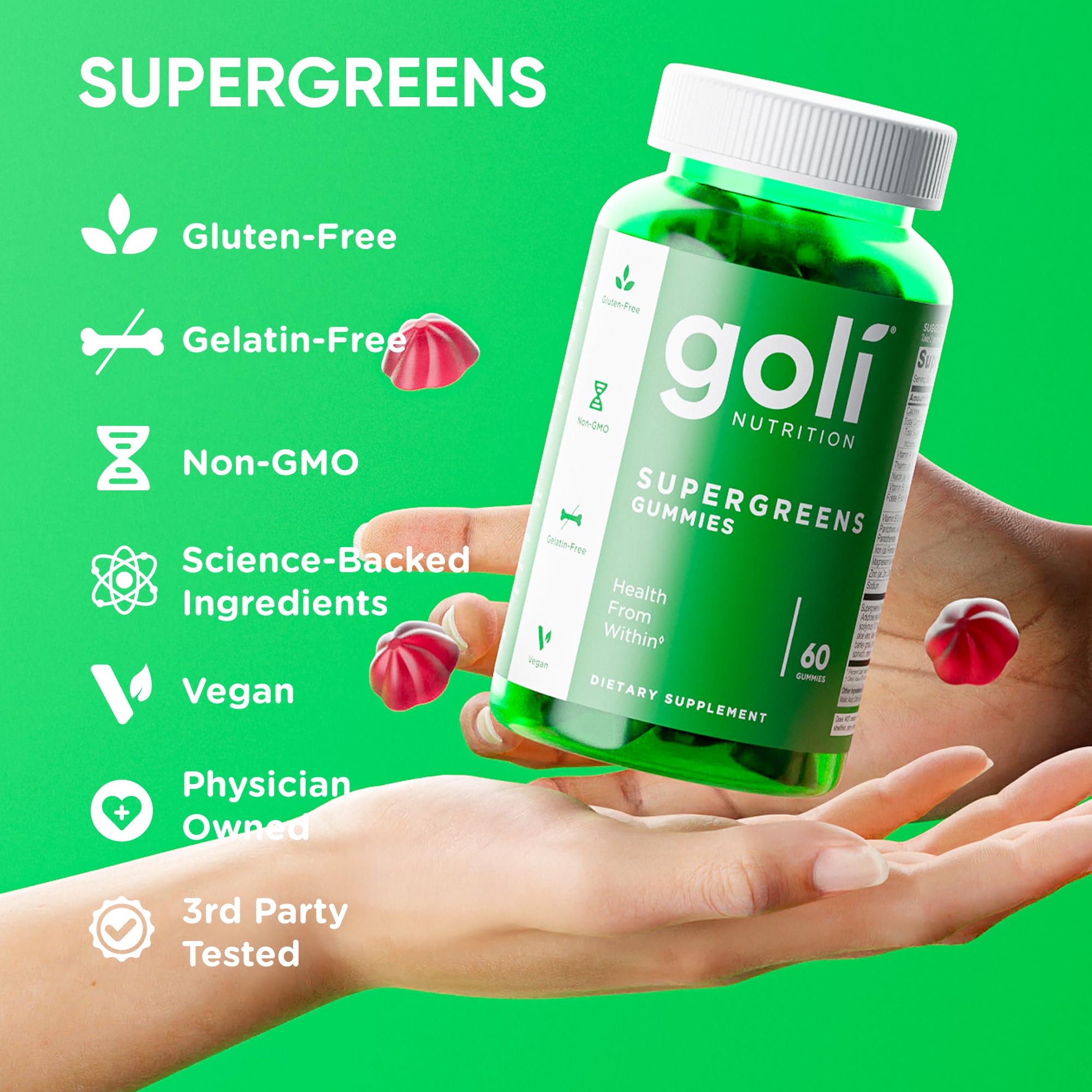 Goli Supergreens Gummies with Probiotics - Artichoke Leaf Extract, Spirulina, Kale, Vitamins A, B6, B12 - Vegan, Gluten-Free, Non-GMO Goli buy supplements canada