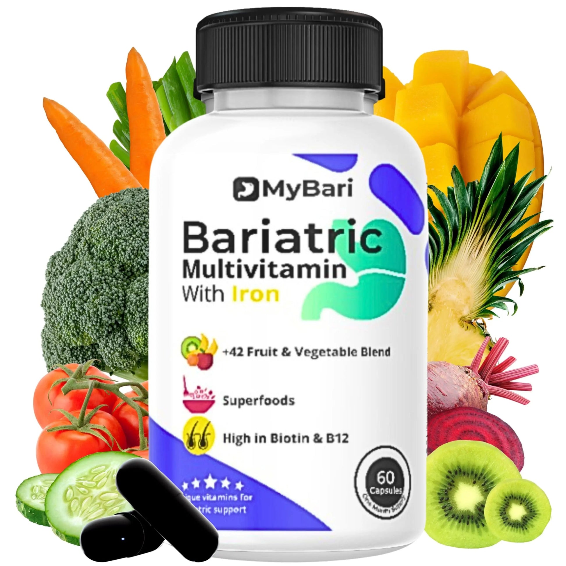 MyBari All-in-One Bariatric Multivitamin with Iron - Made in USA - for Men & Women - Supports Gastric Sleeve & Bypass with 42+ Fruit & Veggie Blend - 60 Liquid Capsules MyBari buy supplements canada