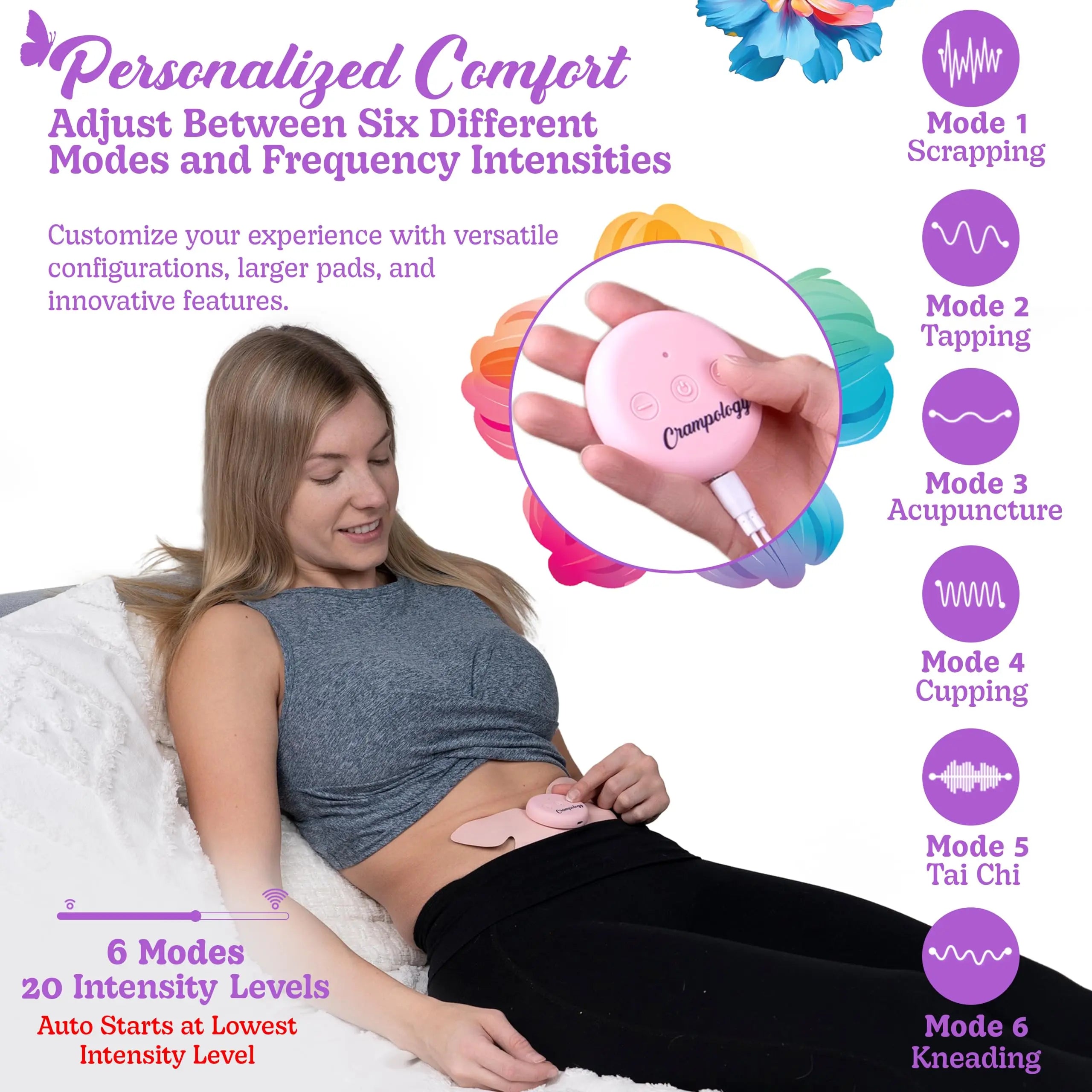 Crampology Relief Pink-Period Cramps Pain Relieving Device, Cramp Massager for Menstrual and Lower Back Ache, Reduces Endometriosis Discomfort, PMS TENS Unit, Wireless or Wired, Natural Cycle Support Crampology buy supplements canada