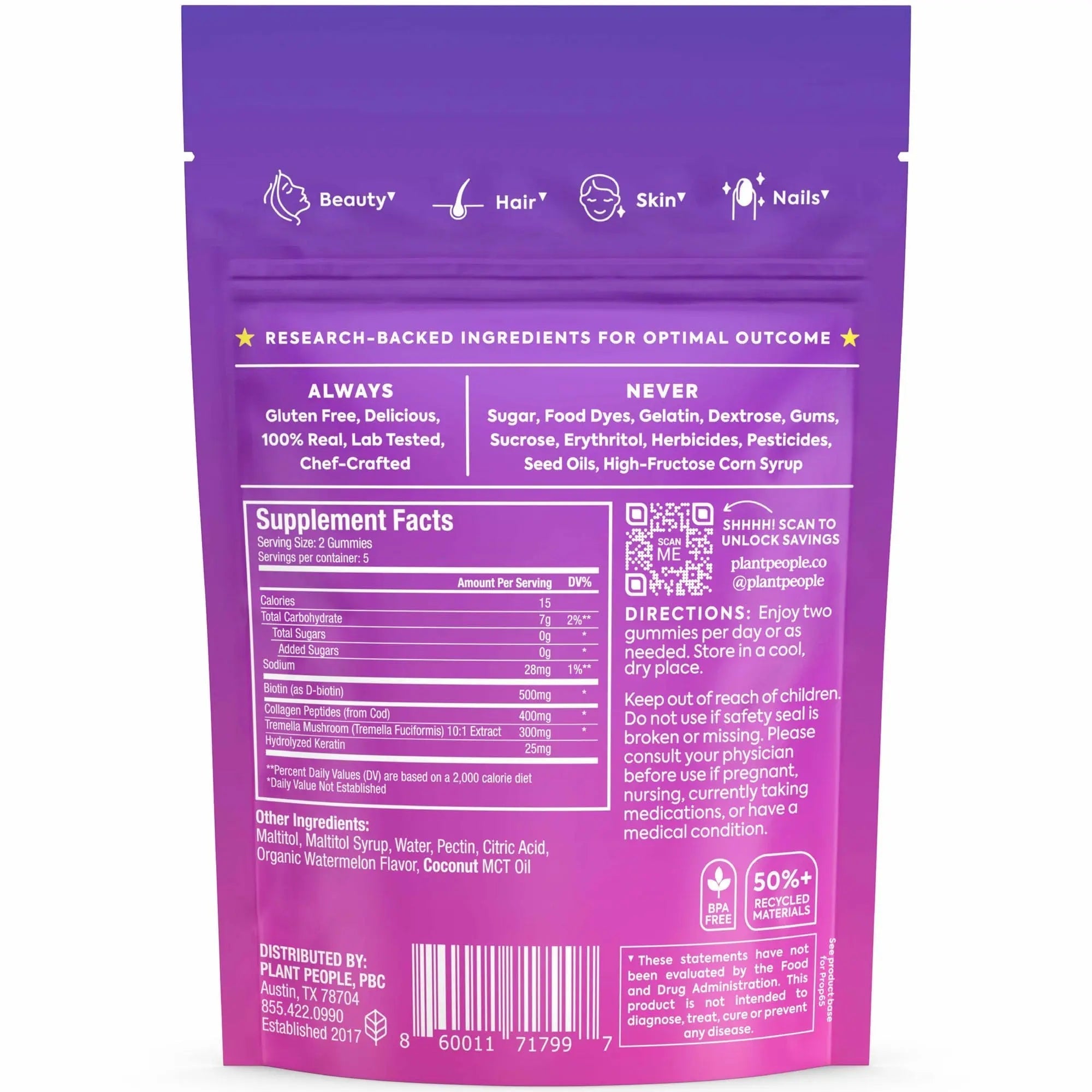 Plant People WonderBeauty Hair, Skin & Nails Rejuvenation Gummies with Tremella Mushroom, Marine Collagen Peptides, Keratin, & Biotin Plant People buy supplements canada