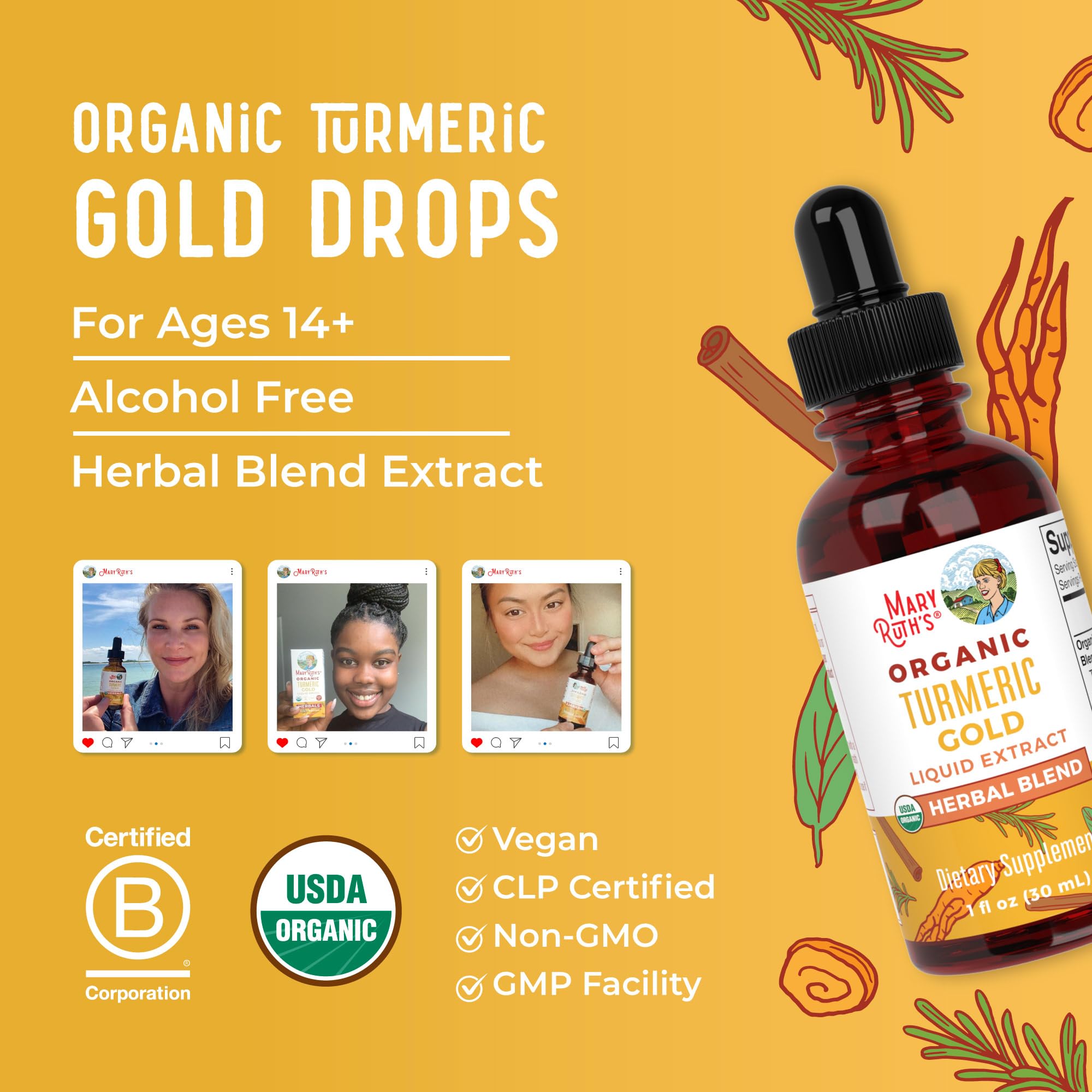 MaryRuth Organics USDA Turmeric Gold Liquid Drops | Herbal Blend | Turmeric Curcumin | Black Pepper | Cassia Cinnamon Bark | Ginger Root | Immune Support | Non-GMO Project Verified | Vegan | 1oz MARYRUTH'S buy supplements canada