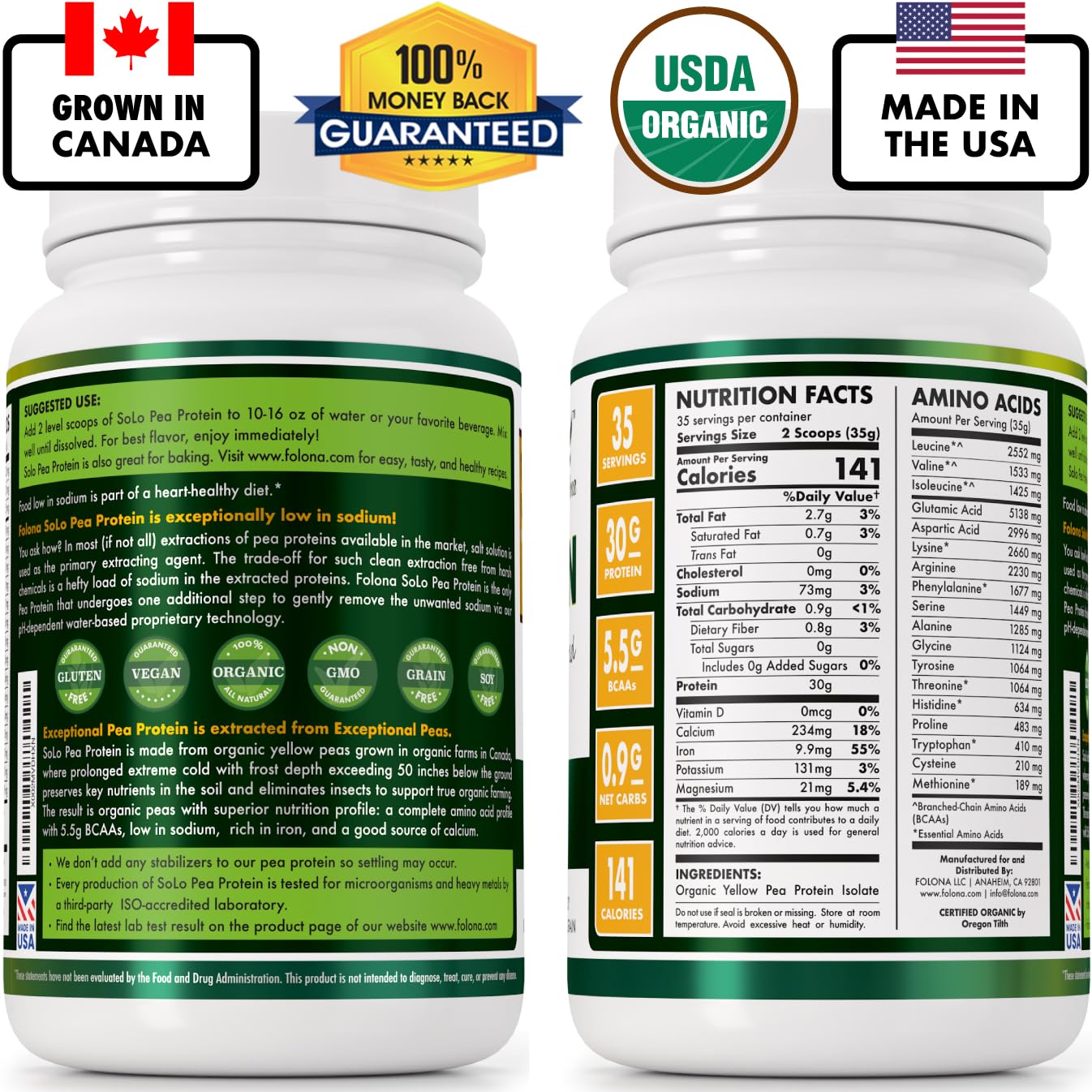 SOLO Organic Pea Protein Isolate, Low in Sodium, Canada Grown Peas, 100% Vegan, Non-GMO, Unflavored Plant Based Protein Powder with BCAA, Keto & Paleo Friendly, FOLONA buy supplements canada