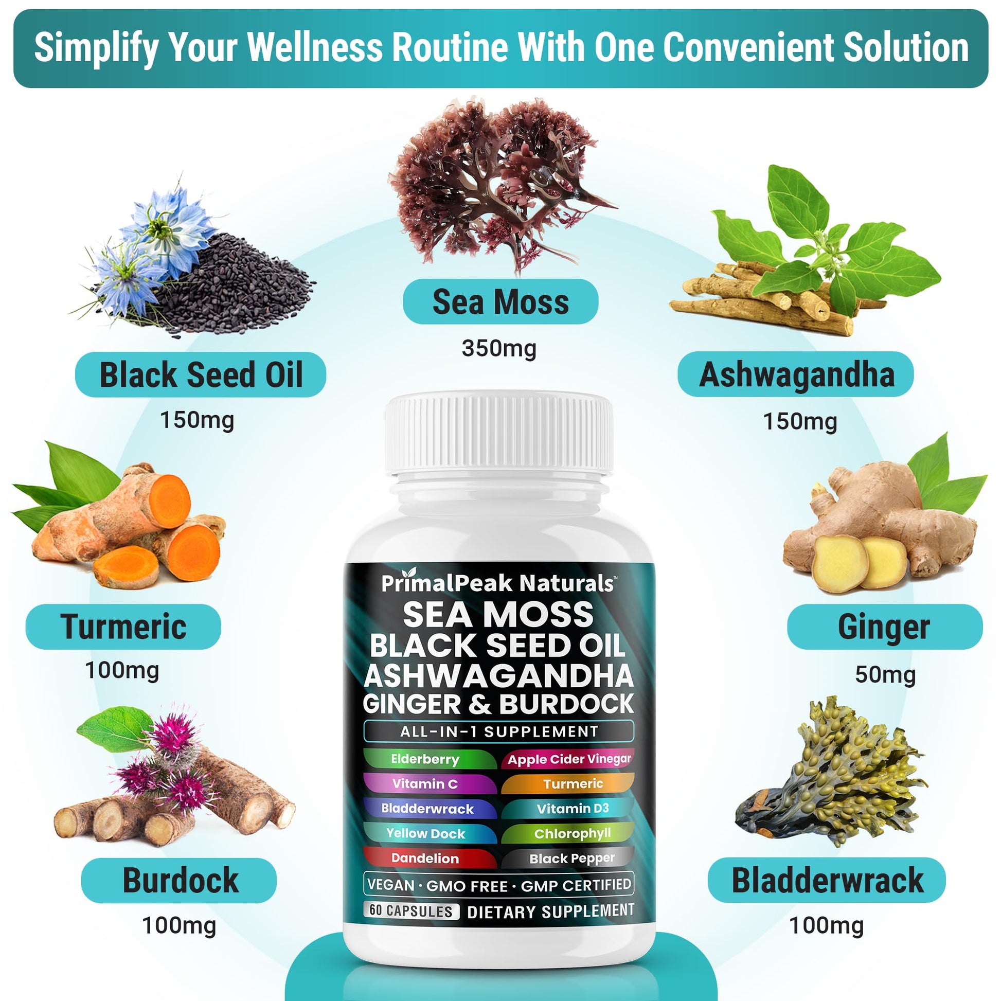 PrimalPeak Naturals Sea Moss Black Seed Oil Ashwagandha Ginger Burdock Bladderwrack Turmeric & Vitamin C Vitamin D3 with ACV Elderberry Chlorophyll Dandelion Yellow Dock Vegan Capsules - 60 Count PrimalPeak Naturals buy supplements canada