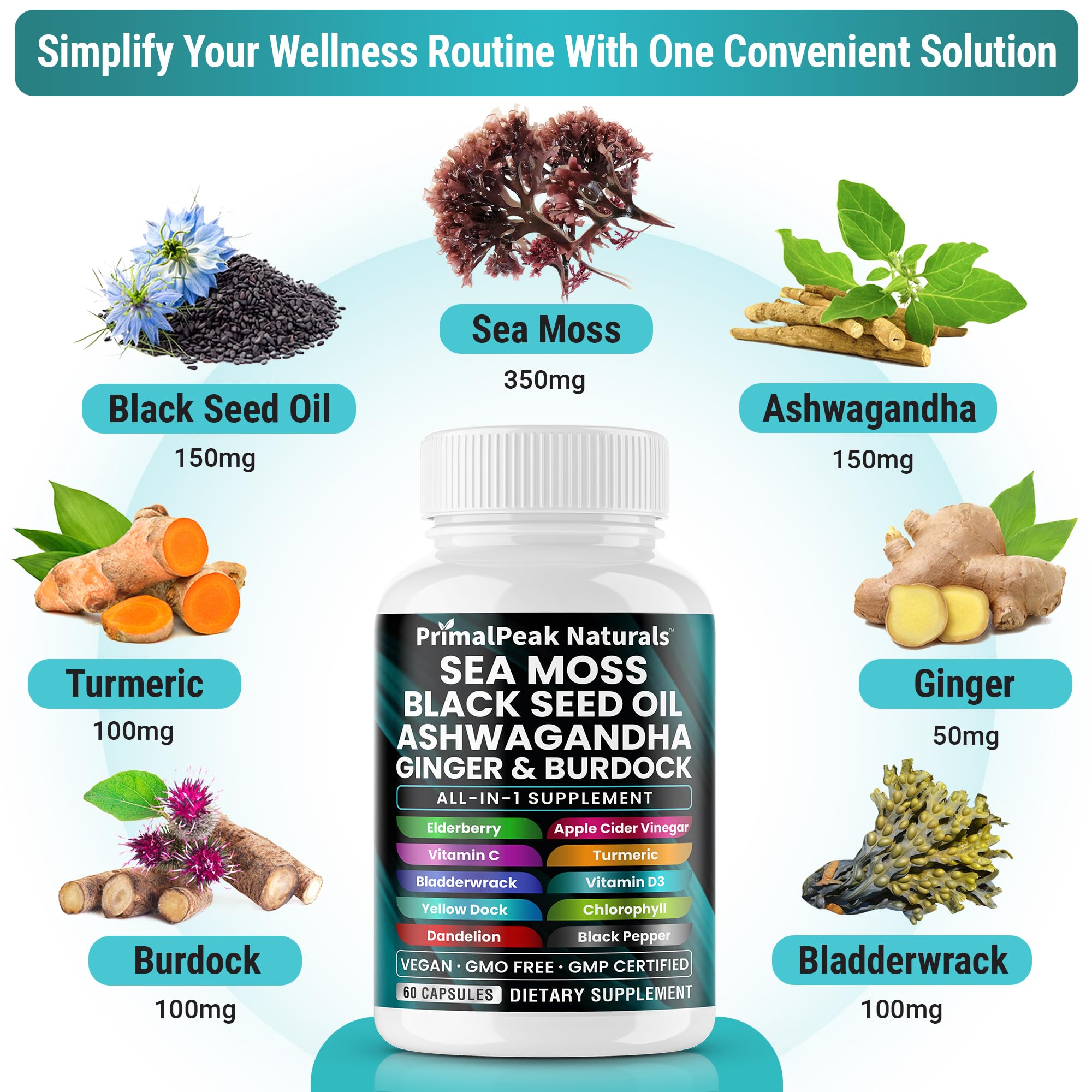 PrimalPeak Naturals Sea Moss Black Seed Oil Ashwagandha Ginger Burdock Bladderwrack Turmeric & Vitamin C Vitamin D3 with ACV Elderberry Chlorophyll Dandelion Yellow Dock Vegan Capsules - 60 Count PrimalPeak Naturals buy supplements canada