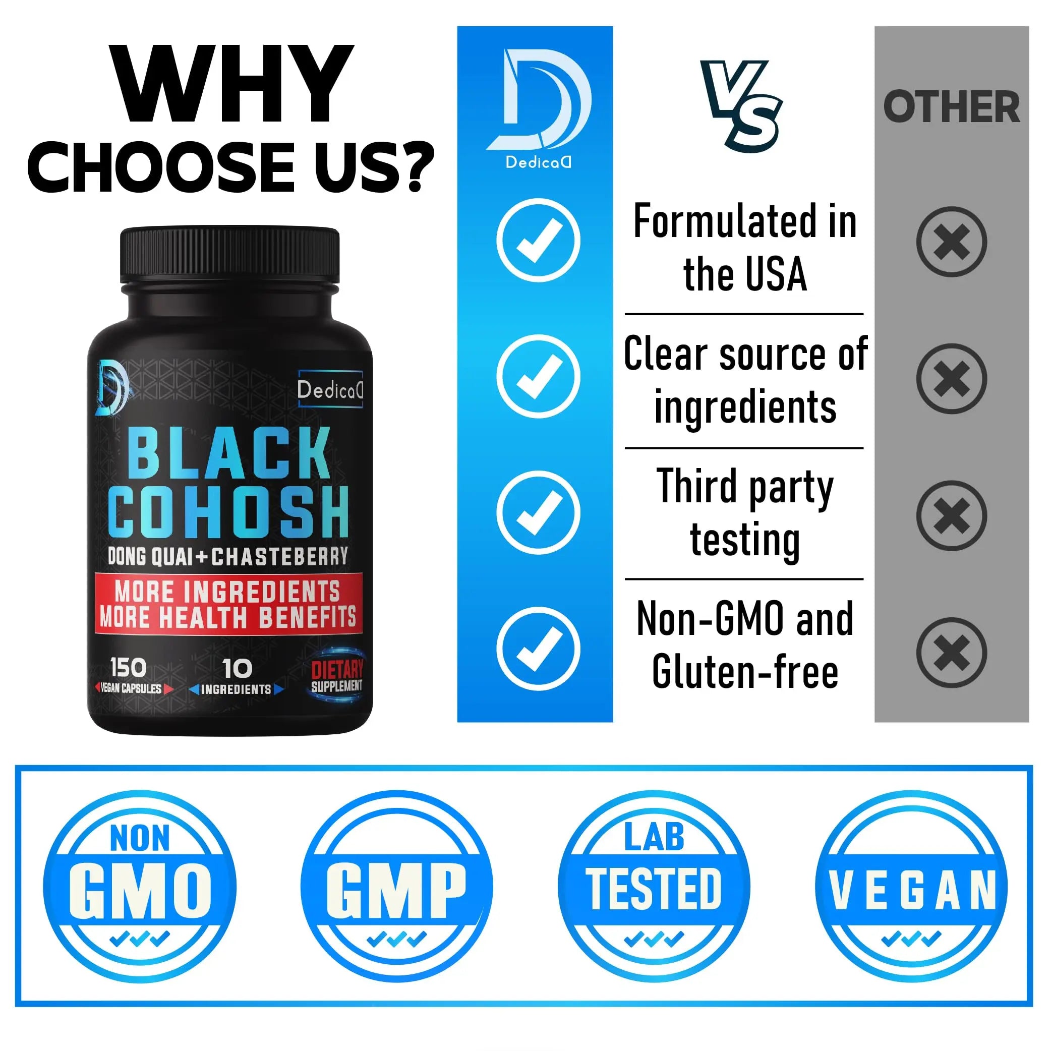 DEDICAD 12in1 Black Cohosh 5-Month Supply for Menopause Support Supplement with Dong Quai, Chasteberry, Red Raspberry, Licorice, Wild Yam & More - 150 Capsules DEDICAD buy supplements canada