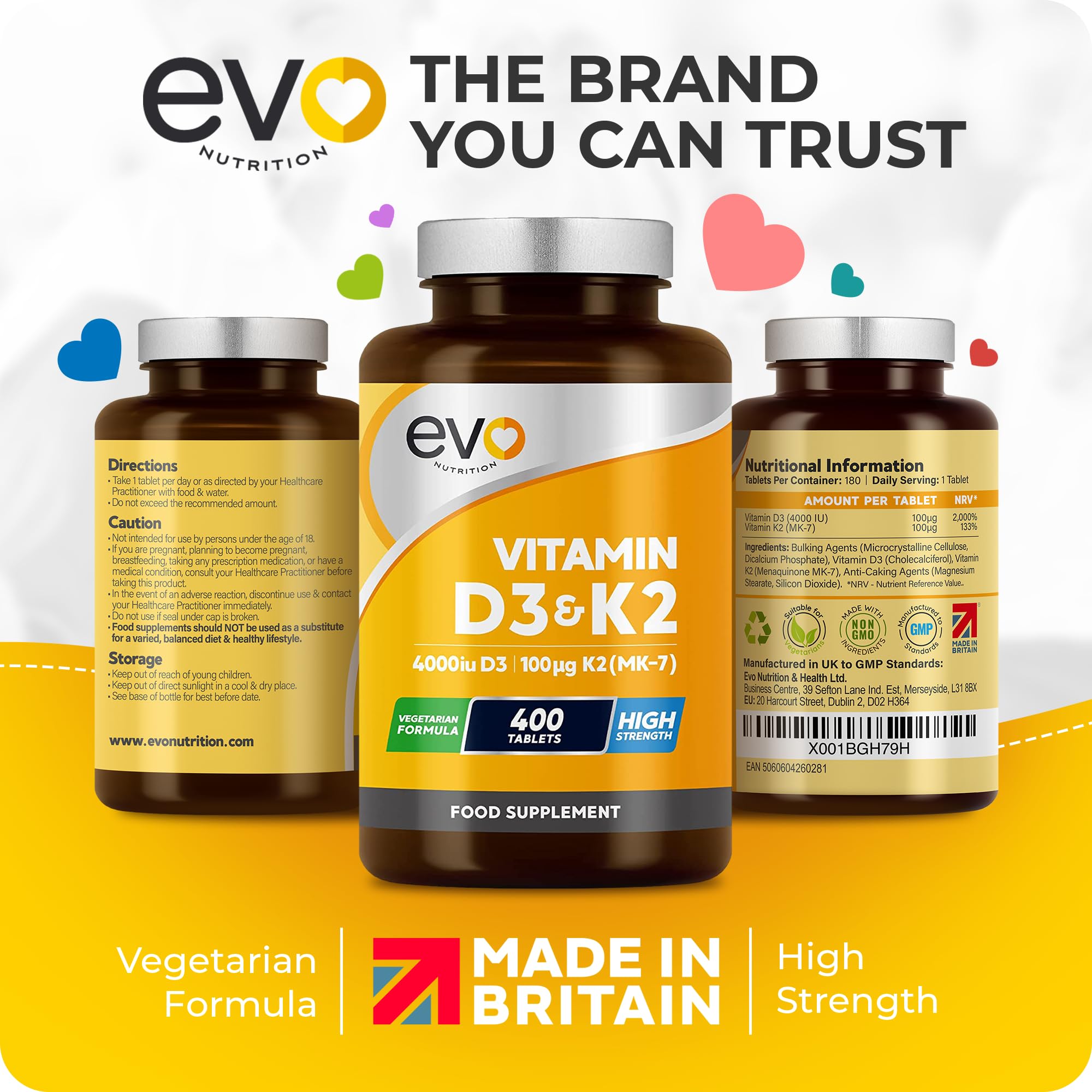 Vitamin D3 4000iu & Vitamin K2 100ug MK7 | 400 Vegetarian Tablets - 1 Year Supply EVO NUTRITION buy supplements canada