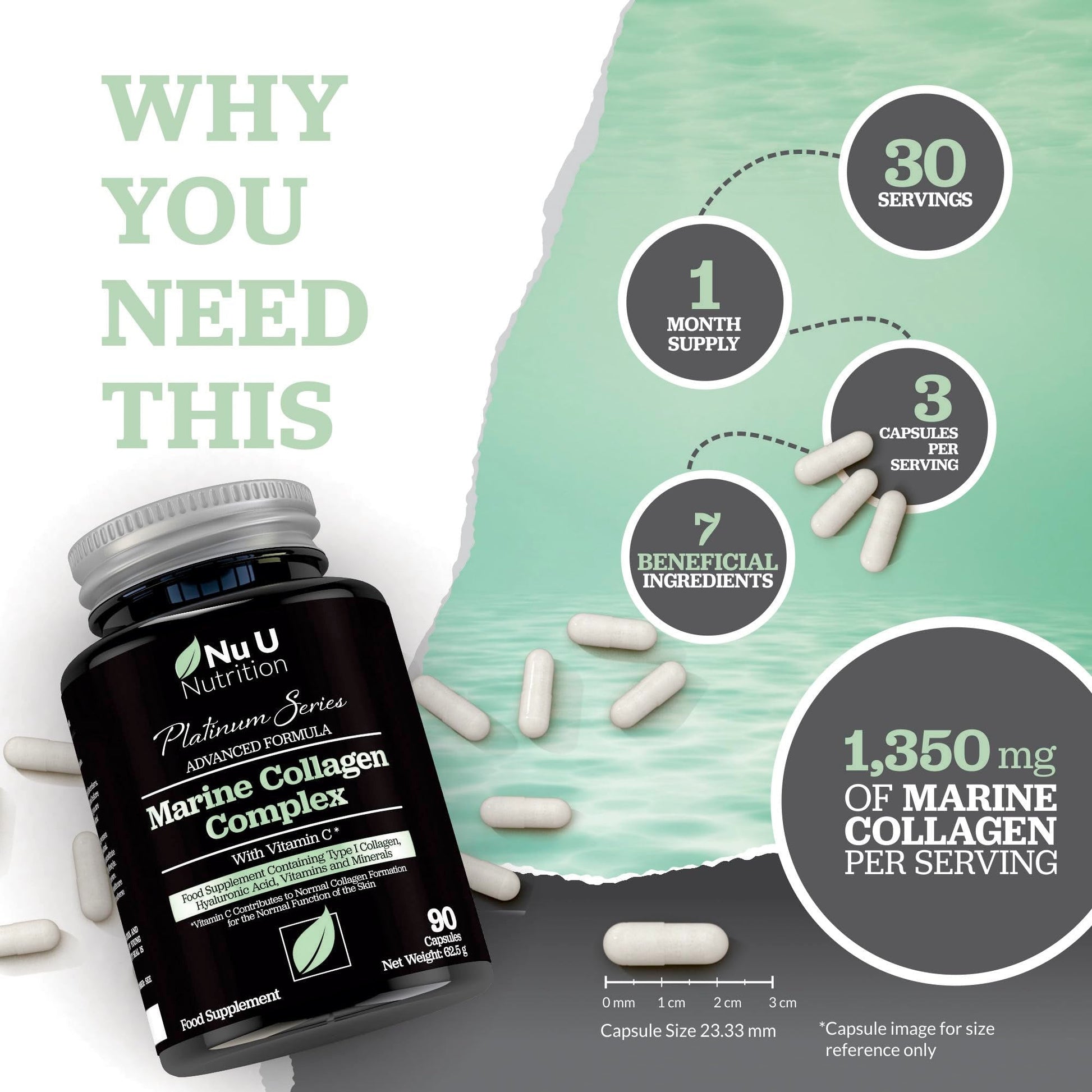 Marine Collagen with Hyaluronic Acid, Vitamin C - 90 Hydrolysed Capsules (not Tablets Nu U Nutrition buy supplements canada
