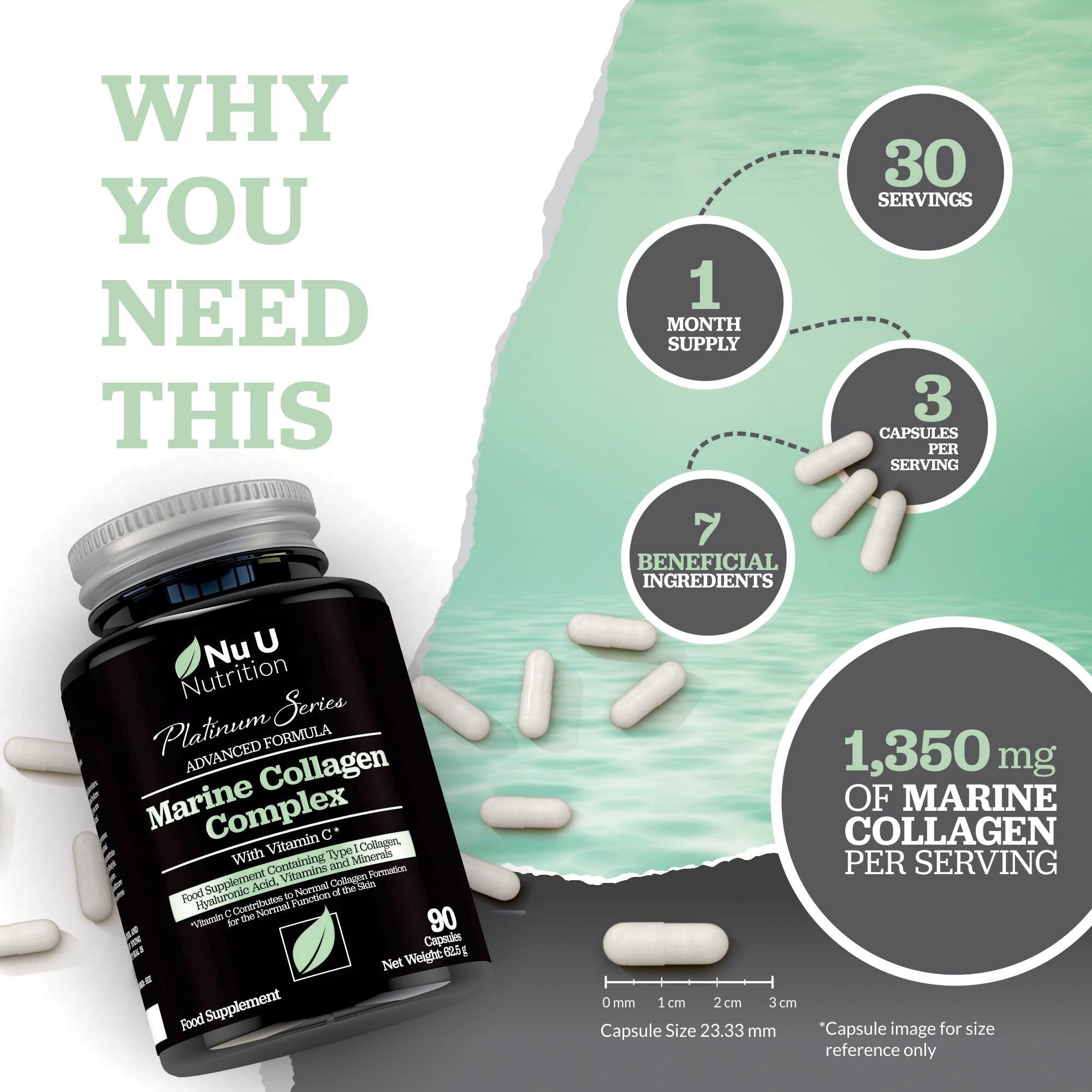 Marine Collagen with Hyaluronic Acid, Vitamin C - 90 Hydrolysed Capsules (not Tablets) - Premium High Strength Collagen Nu U Nutrition buy supplements canada