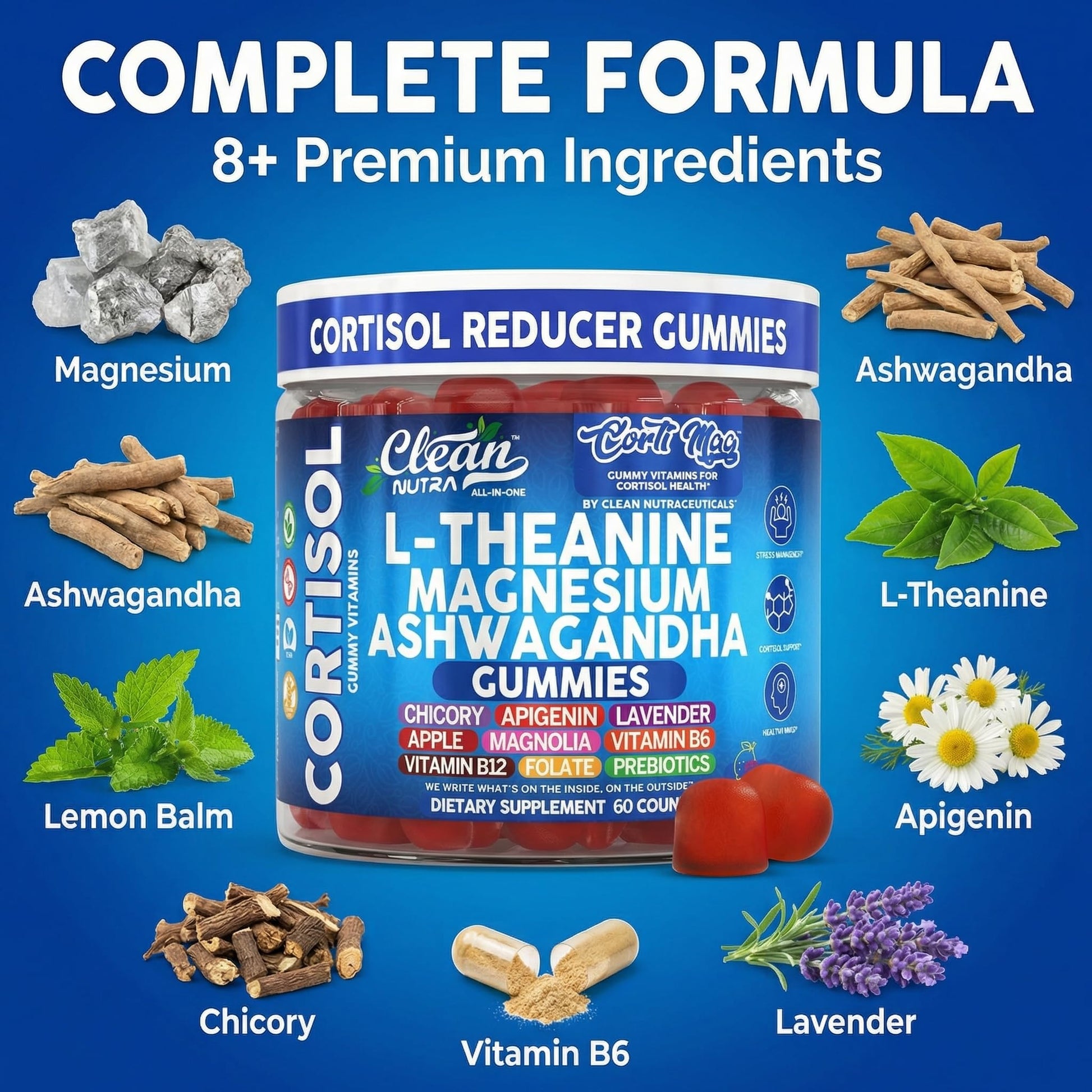 Clean Nutra Cortisol Supplement Gummies L-Theanine Magnesium Ashwagandha Apigenin Vitamin B6 Sleep and Calm Support Lavender Chicory Prebiotic Advanced Gummy Formula Clean Nutraceuticals buy supplements canada