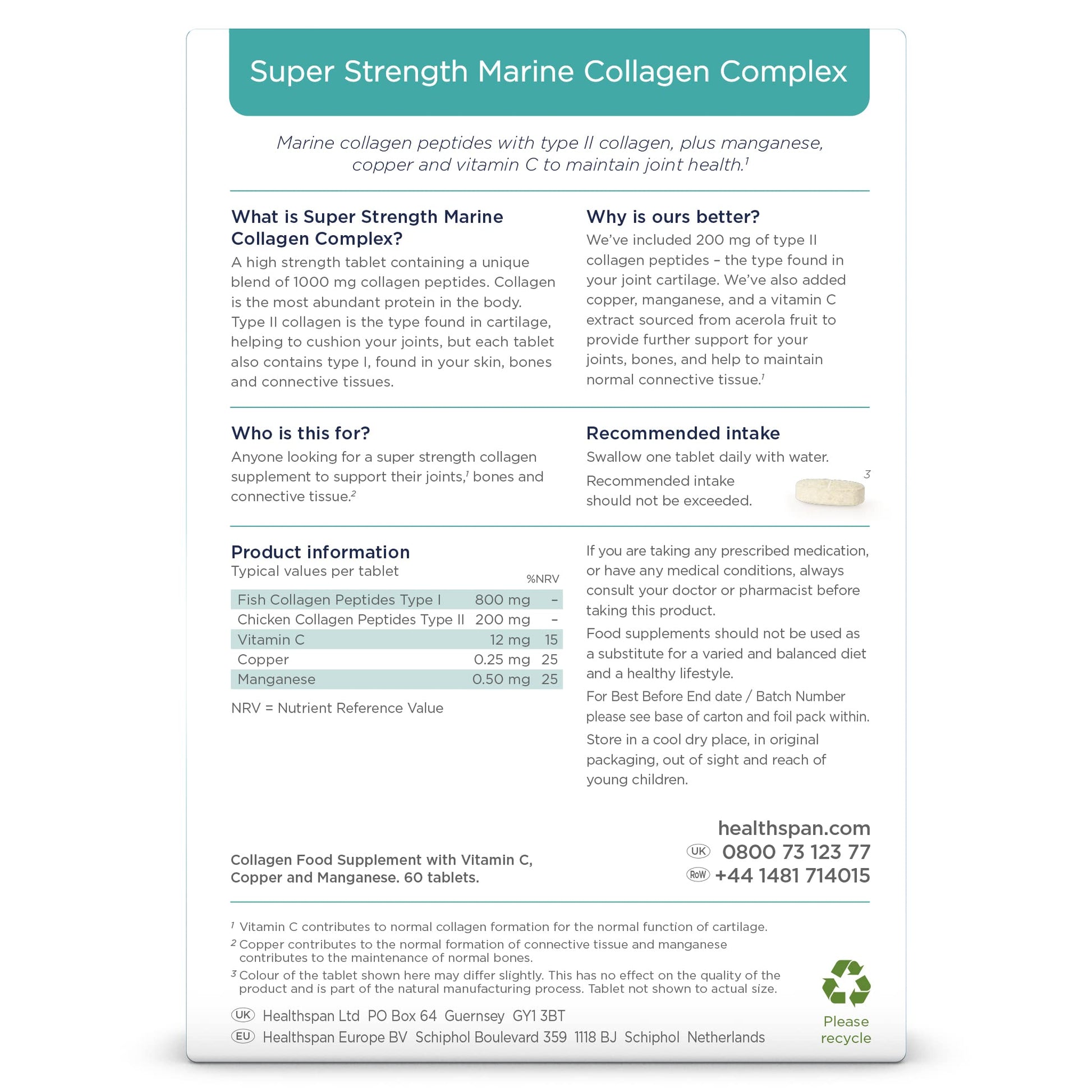 Healthspan 1,000mg Marine Collagen Complex 60 Tablets | 800mg Type I + 200mg Type II Collagen healthspan buy supplements canada