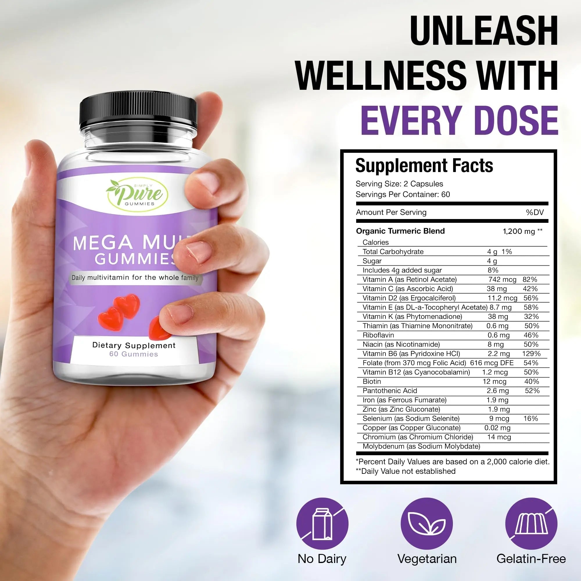 Pure By Nature Mega Multi Gummies, Multivitamin Gummies for Women & Men, Kids Multivitamin Gummies with A, D2, C, E, K, Biotin Pure By Nature buy supplements canada