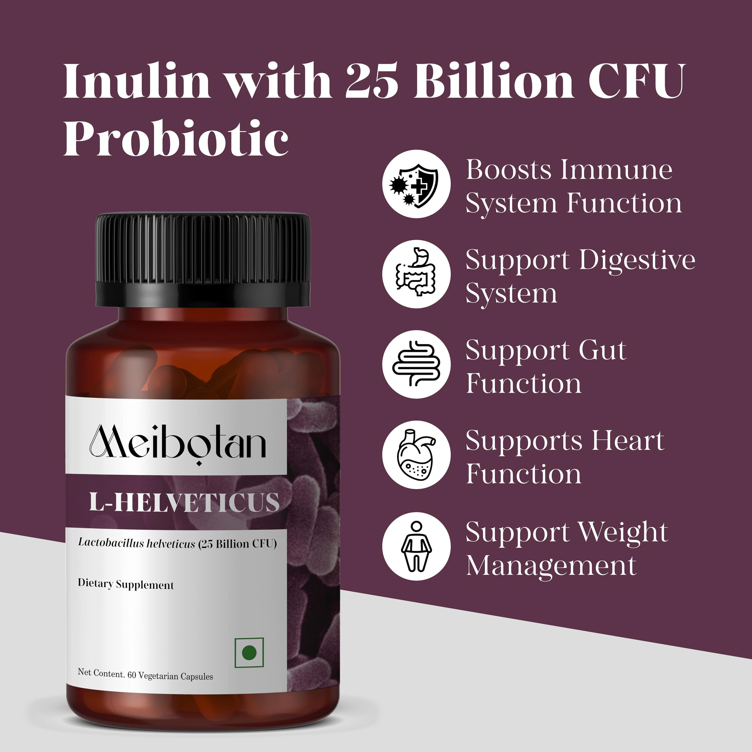 MEIBOTAN L-Helveticus Probiotic Bacteria with 25 Billion CFU for Women & Men, Helps Digestion, Nutrient Absorption and Fight Bad Bacterias - 60 Veggie Capsules MEIBOTAN buy supplements canada