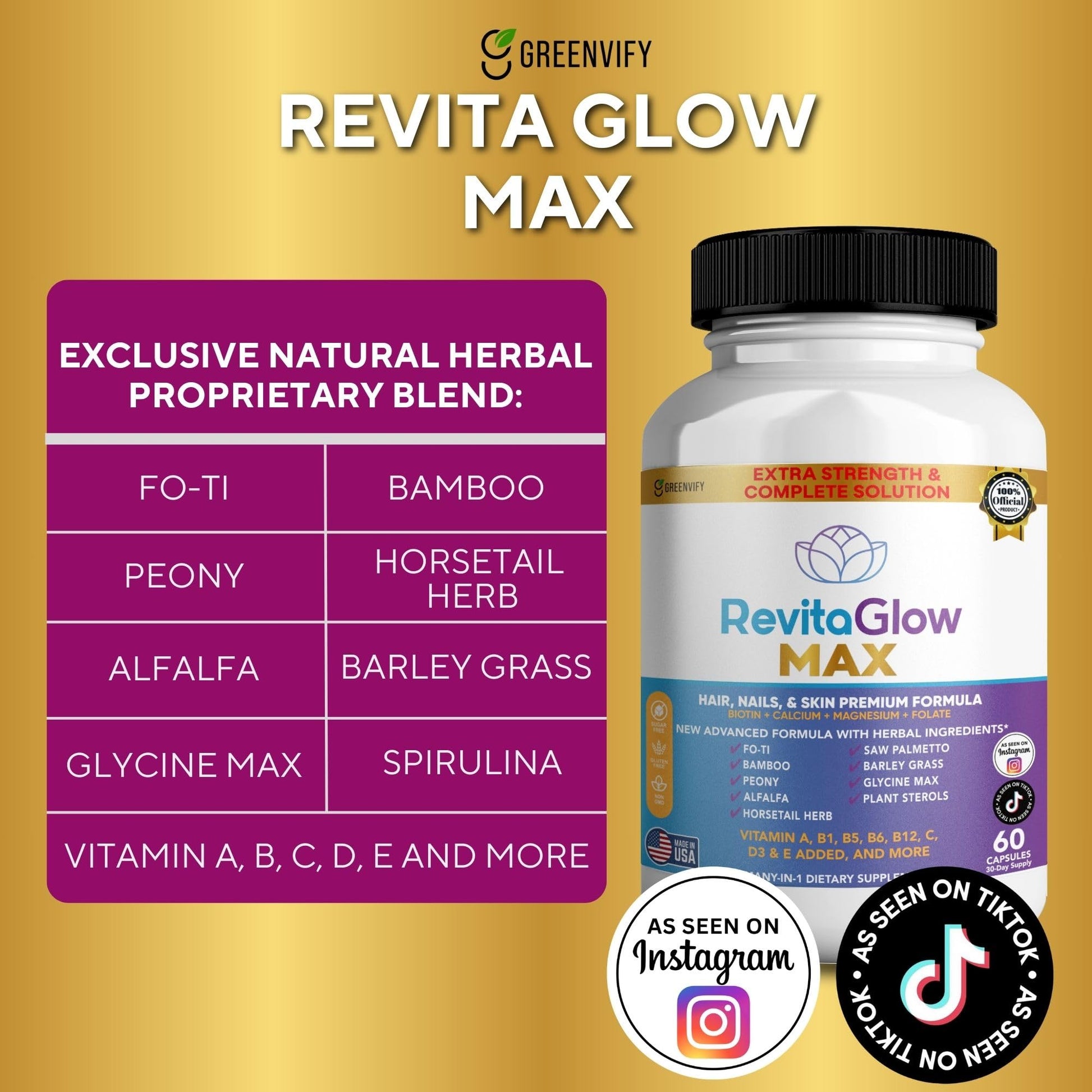 GREENVIFY RevitaGlow Max Hair, Nails & Skin Premium Formula, 60 Capsules, 30-Day Supply, with Biotin, Vitamins A, B1, B5, B6, B12, C, D3, E (1) GREENVIFY buy supplements canada