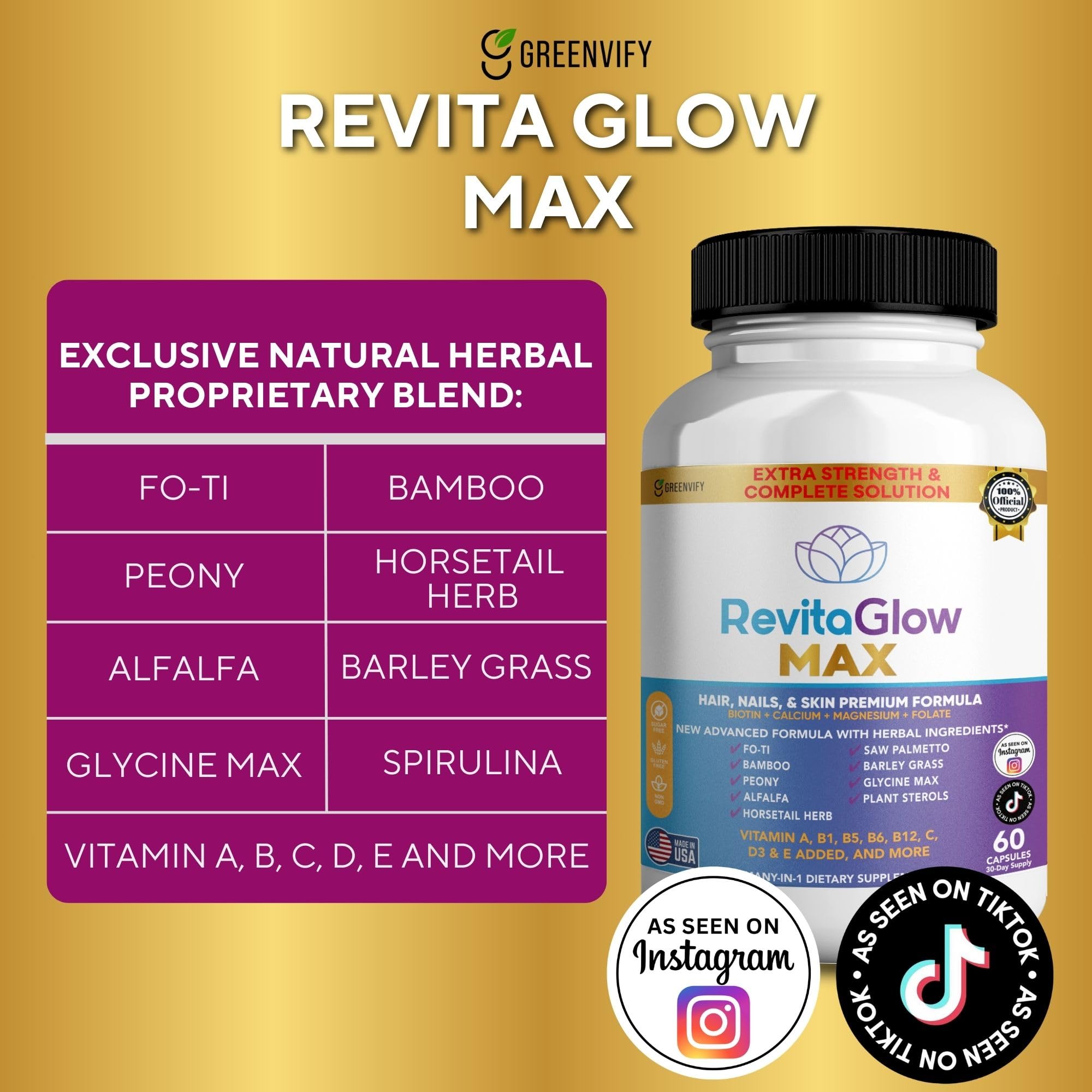 GREENVIFY RevitaGlow Max Hair, Nails & Skin Premium Formula, 60 Capsules, 30-Day Supply, with Biotin, Vitamins A, B1, B5, B6, B12, C, D3, E (1) GREENVIFY buy supplements canada