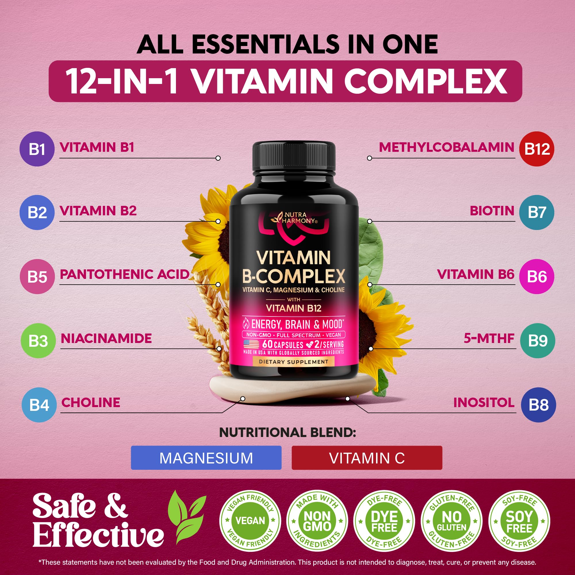 Vitamin B Complex for Men & Women - Riboflavin B2, B12, B1, B3, B5, B6, B7, B8, B9 | Vitamin C, Choline, Inositol - B-Complex Supplement - Energy, Brain & Heart Support - Made in USA, 60 Vegan Caps NUTRAHARMONY buy supplements canada
