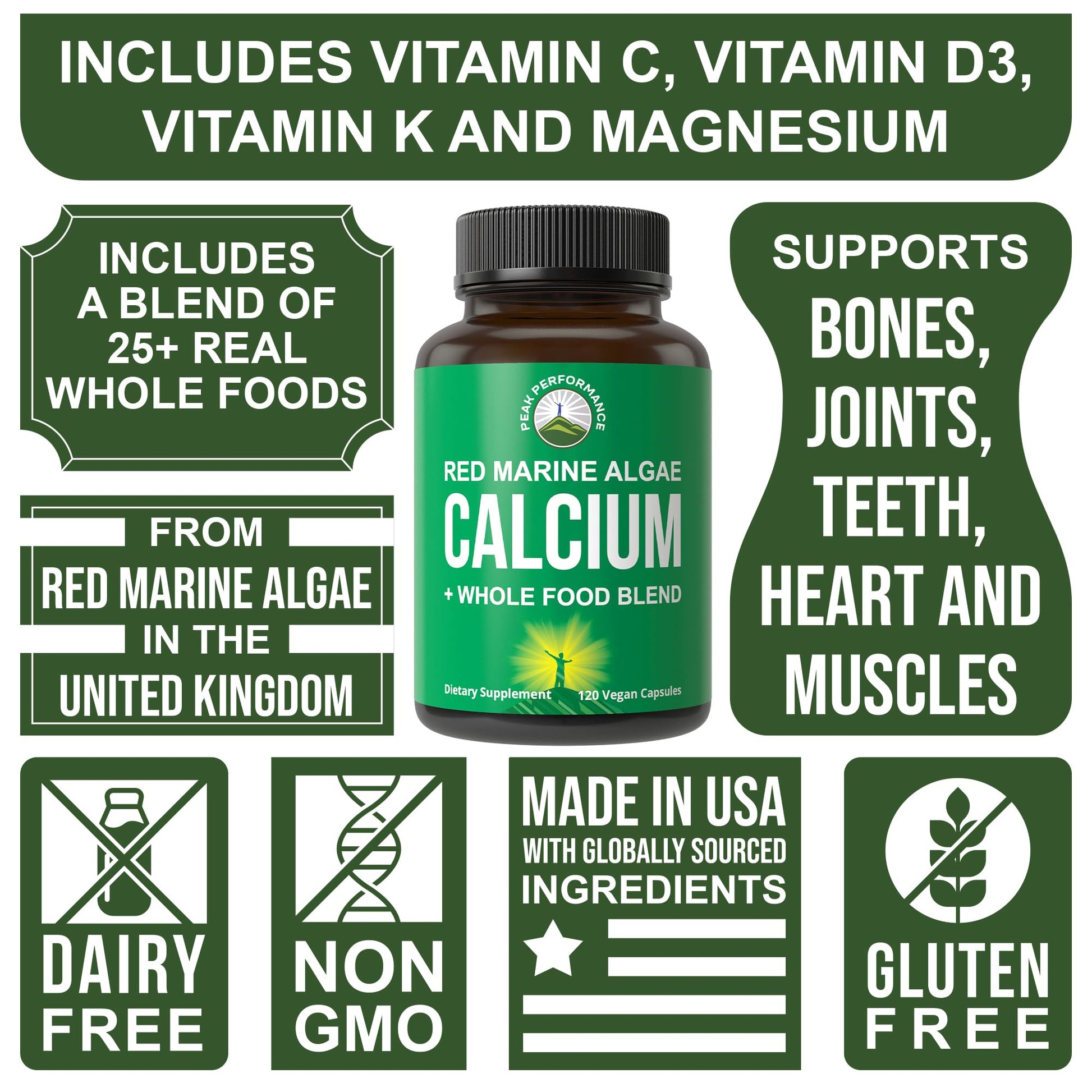 Plant Based Calcium - Red Marine Algae Calcium Supplement with Vitamin C, D3, K, Magnesium, and Whole Food Vegetable Blend. Vegan Capsules for Bones and Joints. 120 Pills, Tablets Peak Performance buy supplements canada