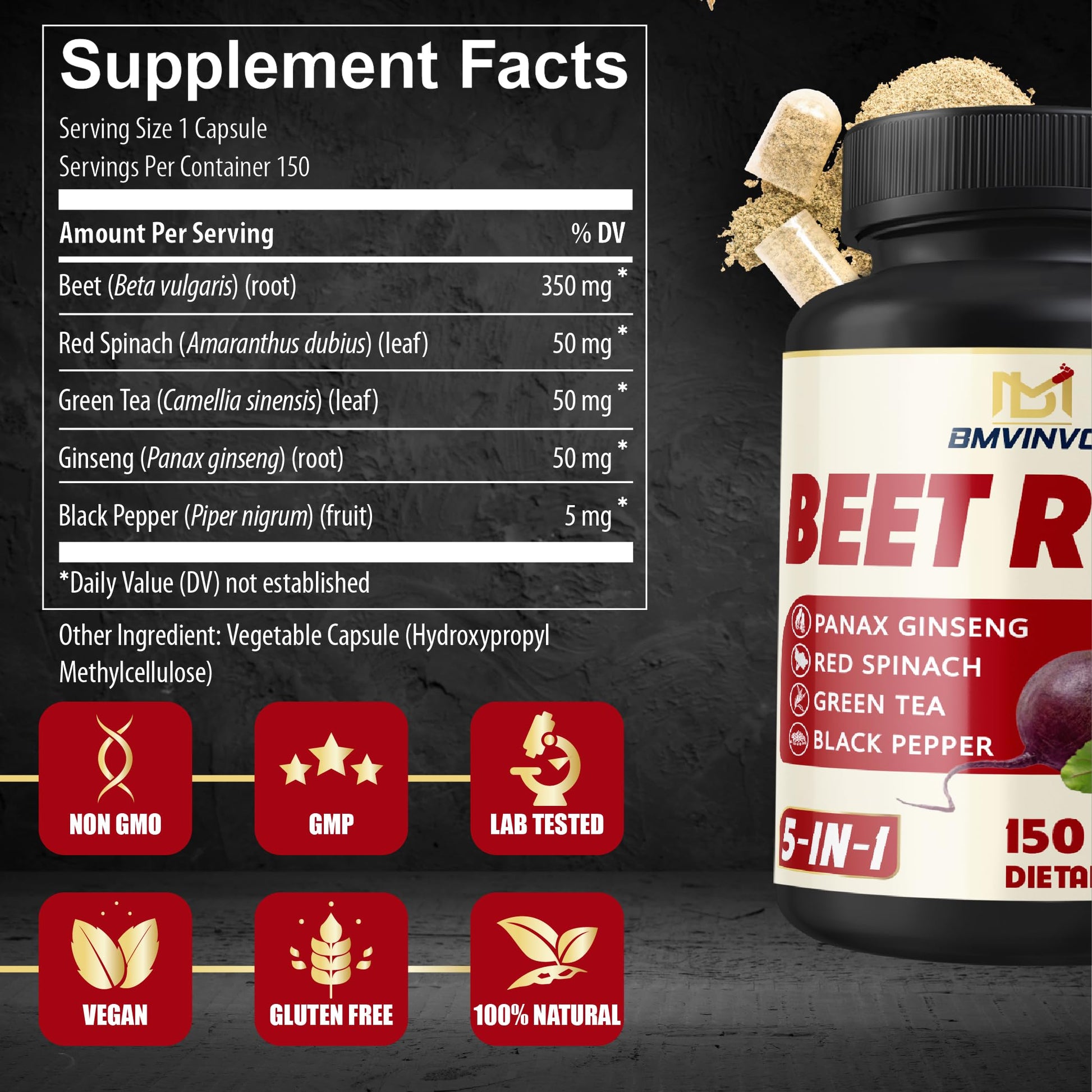 Beet Root, Green Tea, Red Spinach, Ginseng, Black Pepper - 150 Capsules - Supports Digestive, Immune System, Energy Levels - 5 Month Supply BMVINVOL buy supplements canada