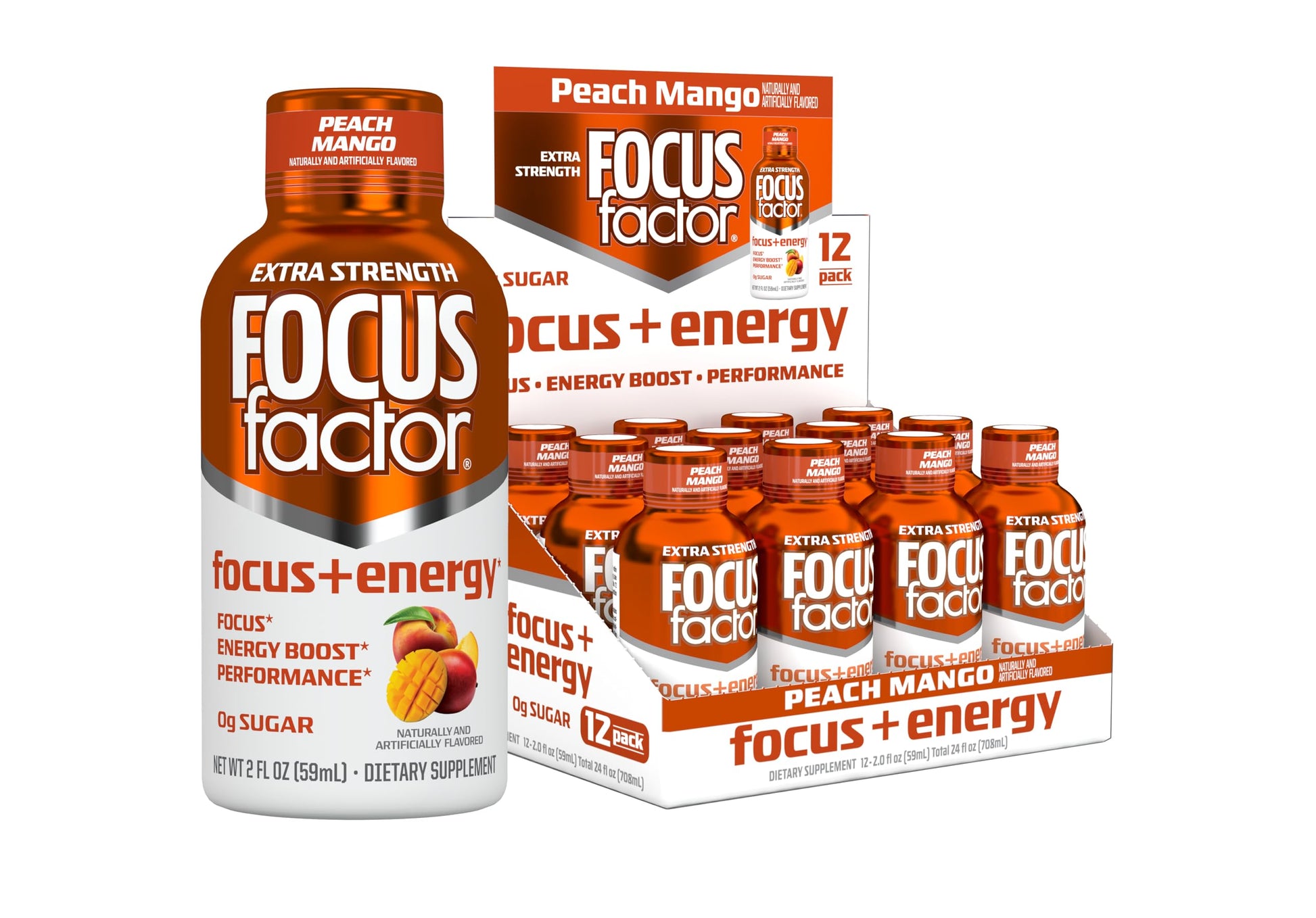 Focus Factor Extra Strength Focus + Energy Shots - 12 x 2oz Bottles (Peach Mango Flavor) - Powered by Nootropics with Caffeine, L-Theanine, Ginkgo, Bacopa, L-Tyrosine, Alpha GPC Focus Factor buy supplements canada