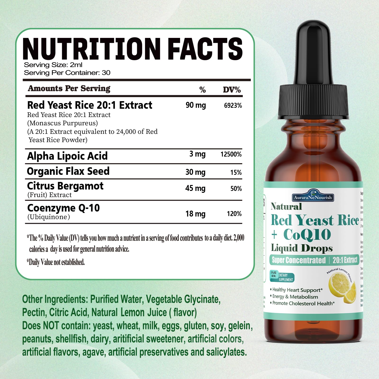 Liposomal Red Yeast Rice with Coq10 Liquid Drops, 5-in-1 Extra Strength 1200mg Cholesterol & Heart Support w. Citrus Bergamot Alpha Lipoic Acid | Cholesterol Lowering Supplement | GMO & Citrinin Free AuraraNeNourish buy supplements canada