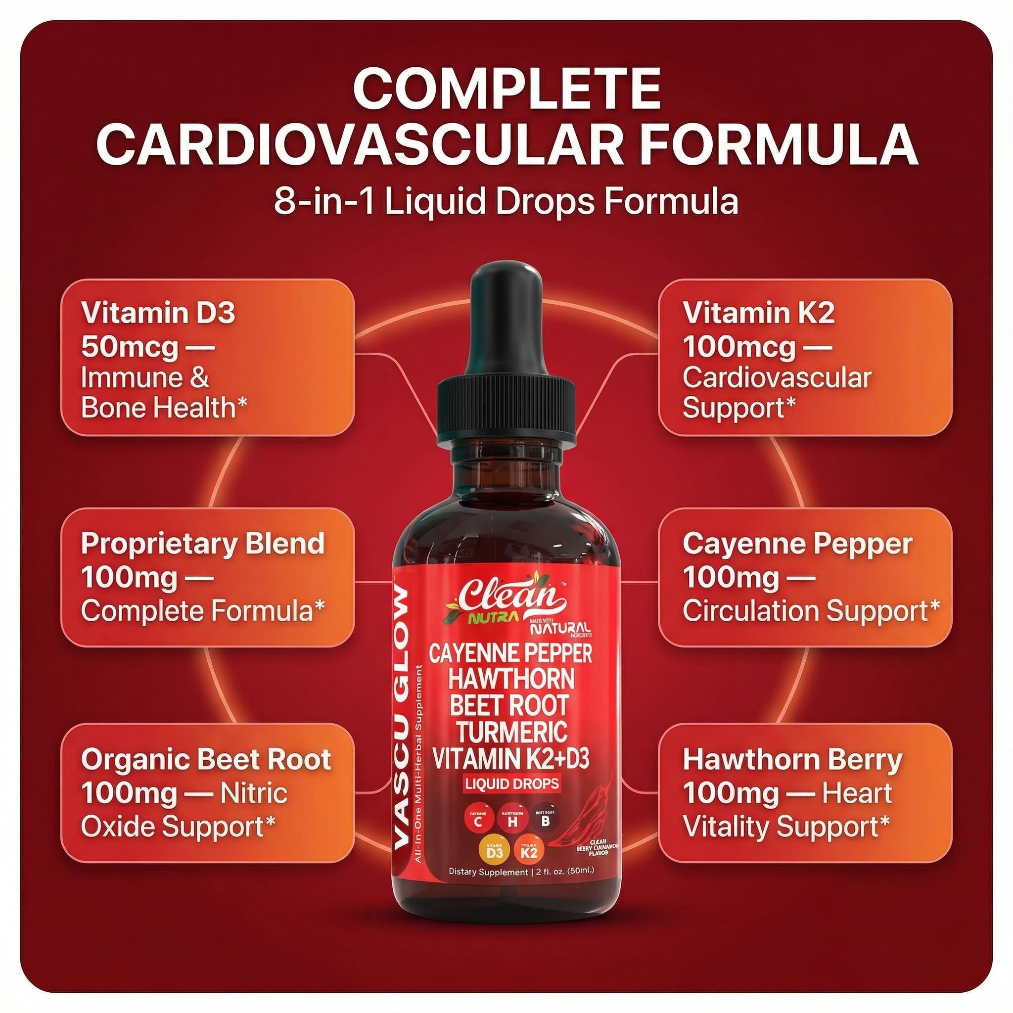 Clean Nutra Cayenne Pepper Drops Supplement Liquid + Hawthorn Berry, Vitamin D3 K2 Beet Root Powder, Ceylon Cinnamon, Turmeric Curcumin Clean Nutraceuticals buy supplements canada