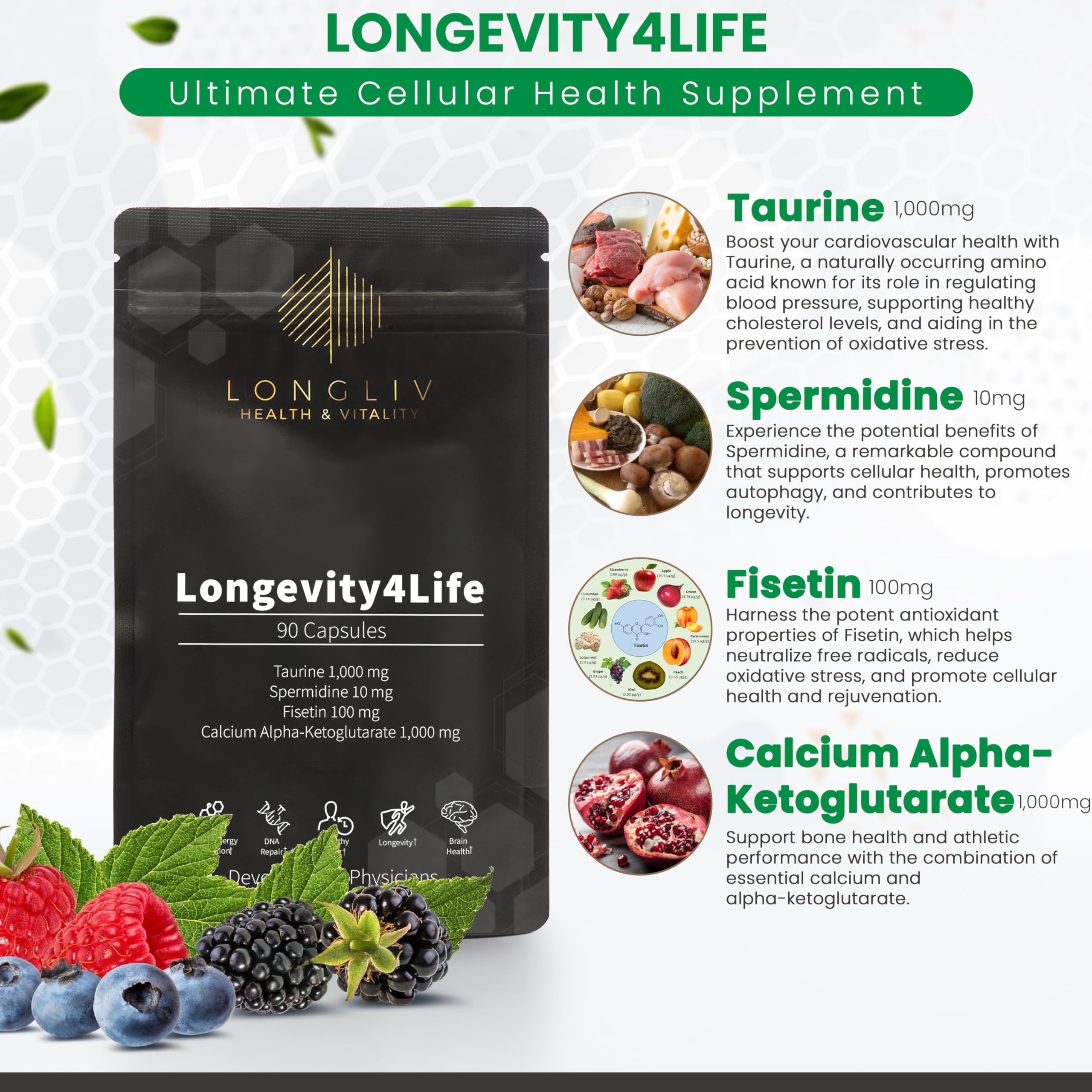 Longevity4Life - Ultimate Cellular Health Supplement - Fisetin, Taurine, Calcium Alpha-Ketoglutarate, and Spermidine Capsules for Longevity and Vitality - Made in USA - Physician Formulated LongLiv Health and Vitality buy supplements canada