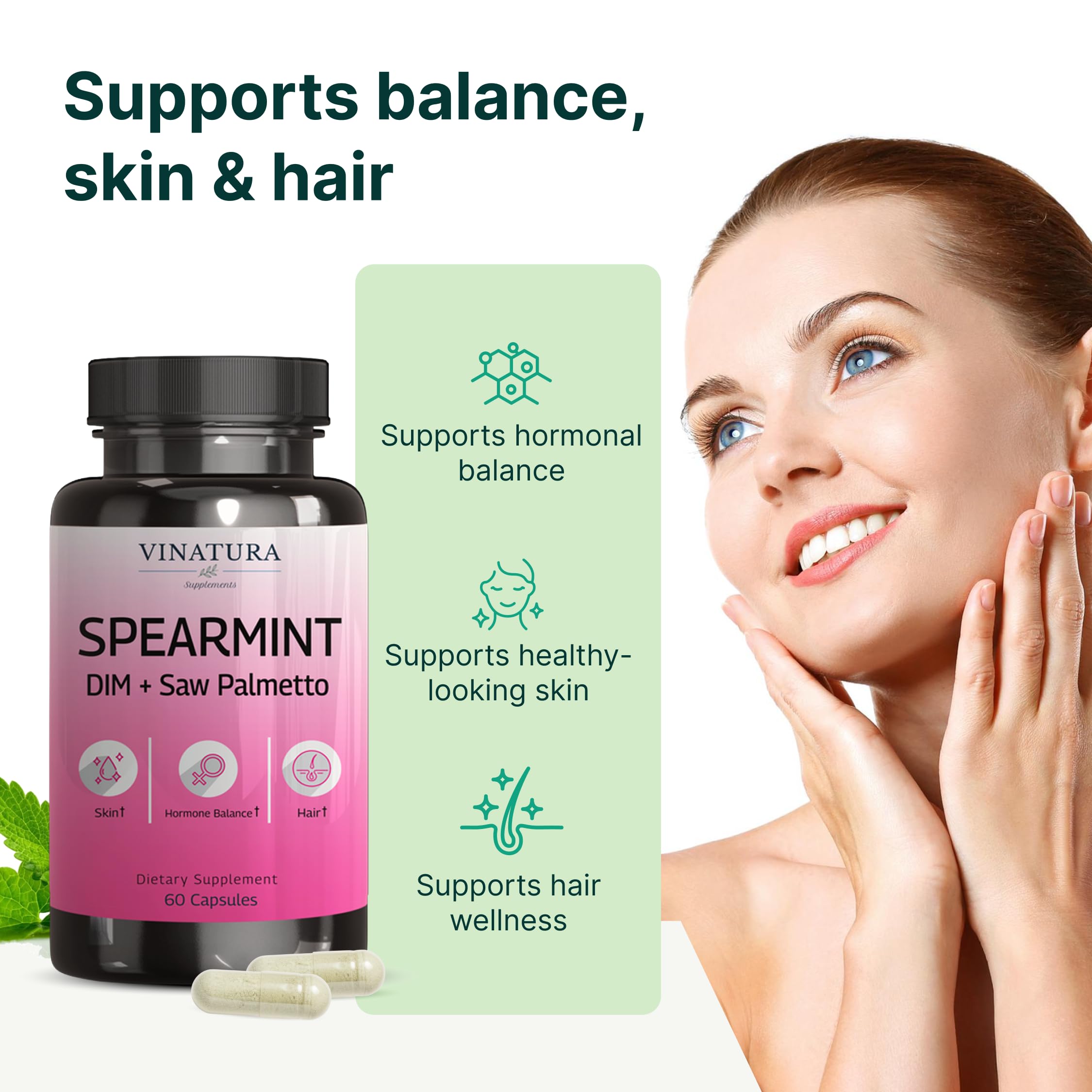 VINATURA Spearmint Leaf Capsules Supplement - Enhanced with DIM & Saw Palmetto, for Unwanted Hair, Women' Health & Skin *USA Made & Tested* - 1380mg/serving, 60 Capsules (30 Servings) VINATURA buy supplements canada