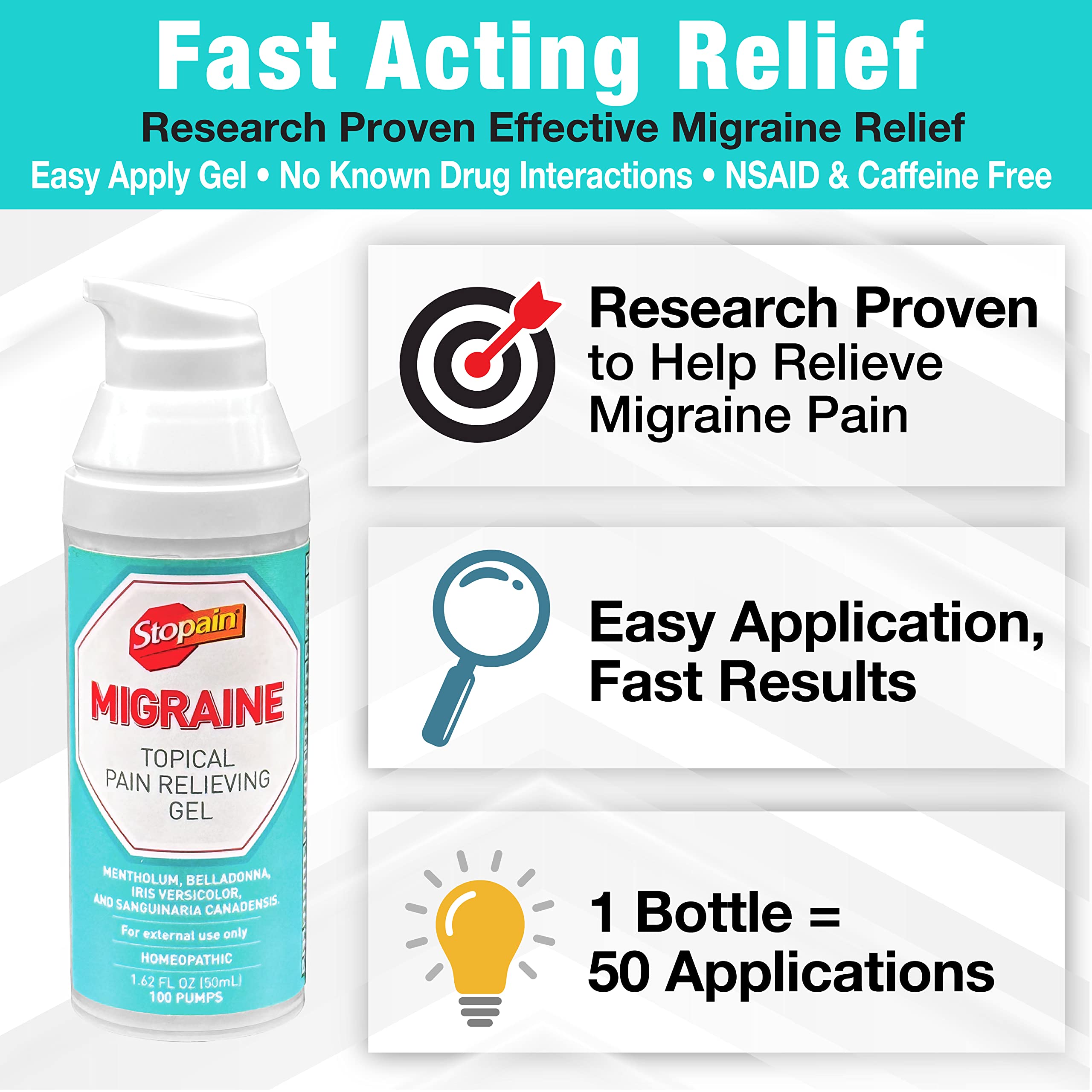 Stopain Migraine Pain Relief Gel Pump, 1.62oz, USA Made, Max Strength Fast Acting Research Proven Topical Effective at Any Stage, No Known Side Effects or Drug Interactions, HSA FSA Approved Products Stopain buy supplements canada