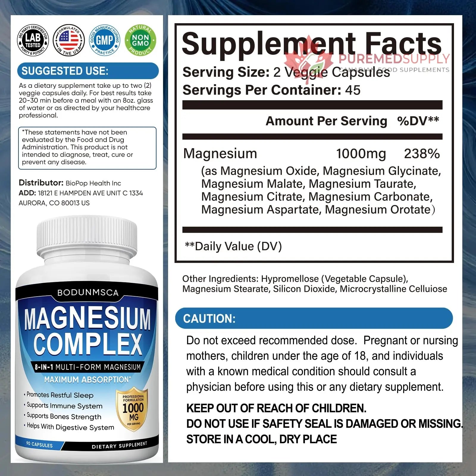 Magnesium Complex, 8 in 1, 1000mg-Glycinate, Citrate, Malate for Easy Absorption, Full Spectrum Magnesium Complex,Supports Relaxation, Sleep & Muscle Function, Magnesio Complex for Women, 180 Capsules BODUNMSCA buy supplements canada