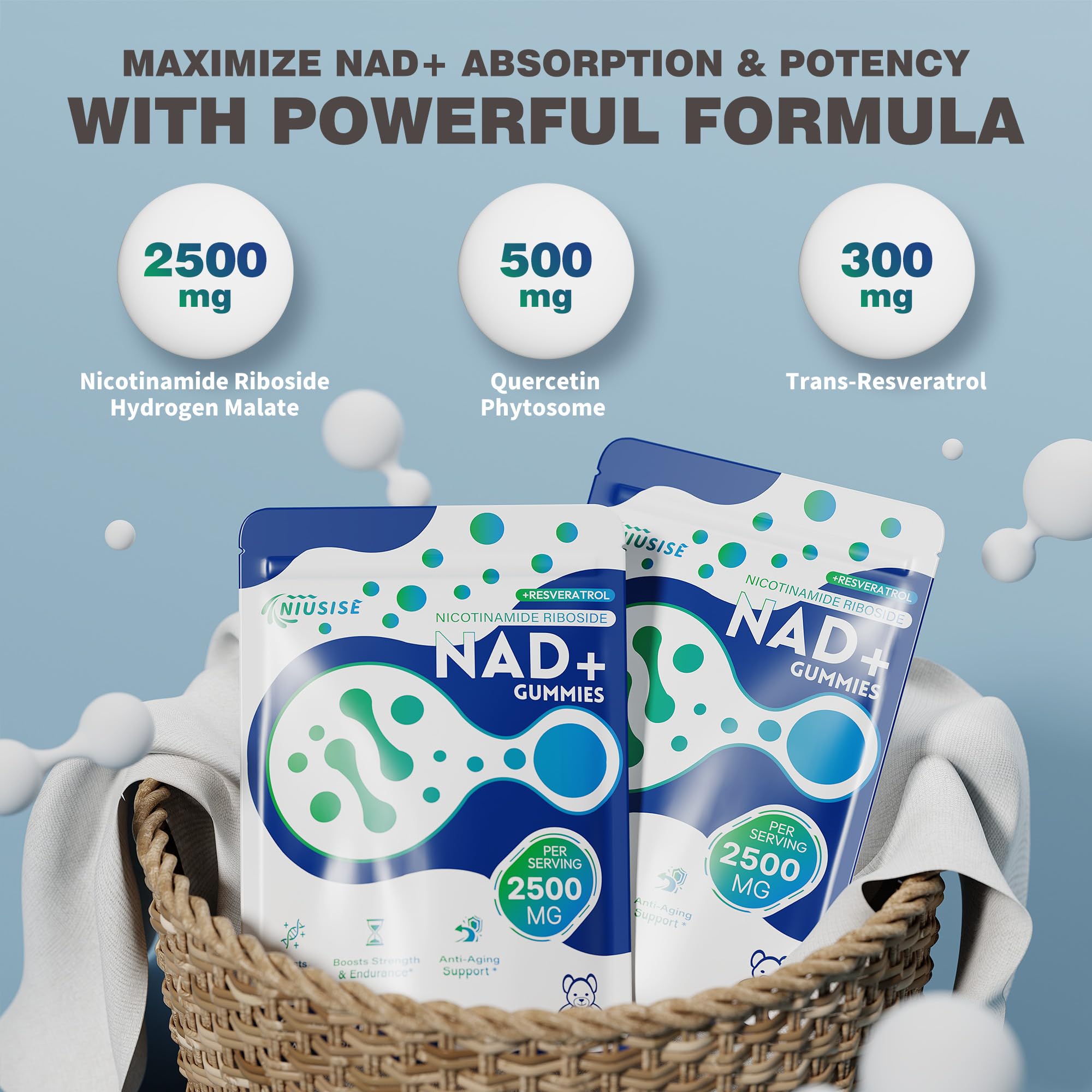 NIUSISE NAD Gummies Sugar Free, NAD+ Supplement with Liposomal Nicotinamide Riboside, Resveratrol, Quercetin, NAD Supplement for Anti-Aging, Energy, Cellular Health, Blueberry Flavor, 60 Gummies NIUSISE buy supplements canada