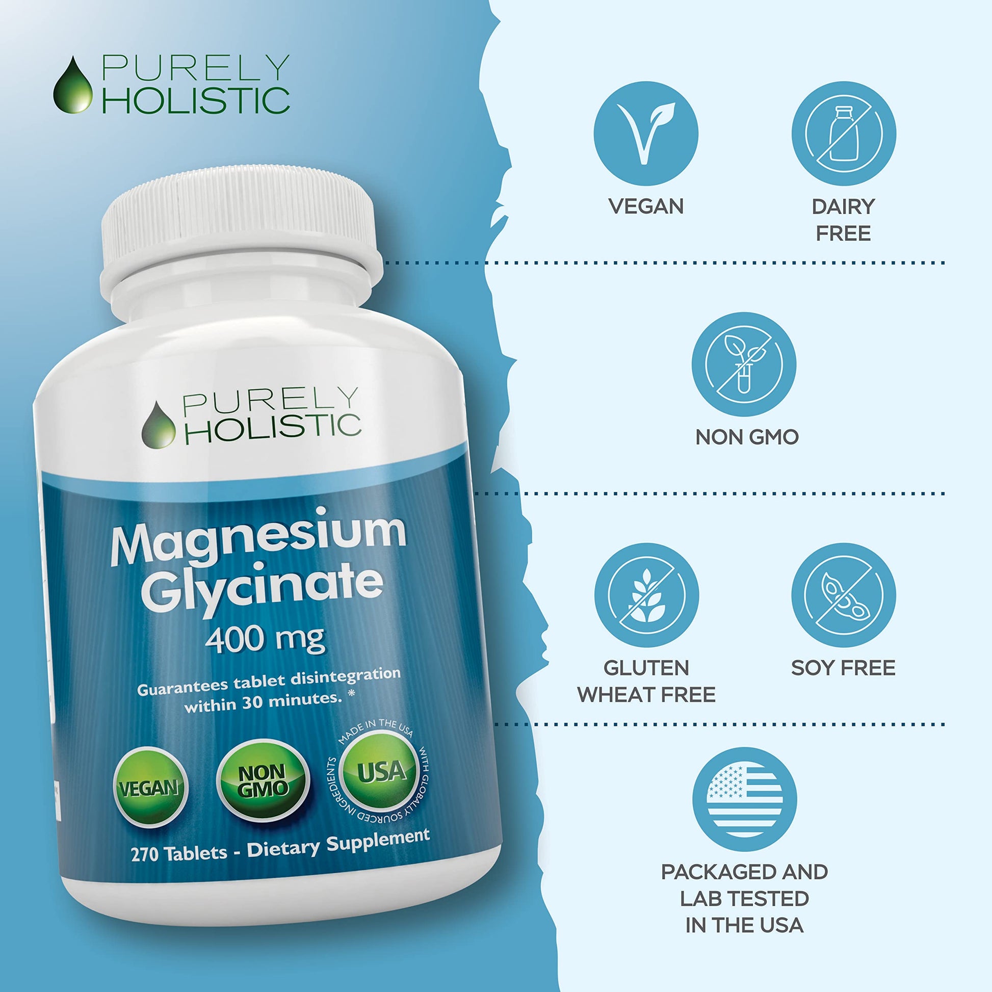 Magnesium Glycinate 400mg - 270 Magnesium Tablets (not Capsules) - 400 mg Elemental Magnesium - Highly Bioavailable - Vegan and Vegetarian - for Improved Sleep, Stress Relief & Cramp Defense Purely Holistic buy supplements canada