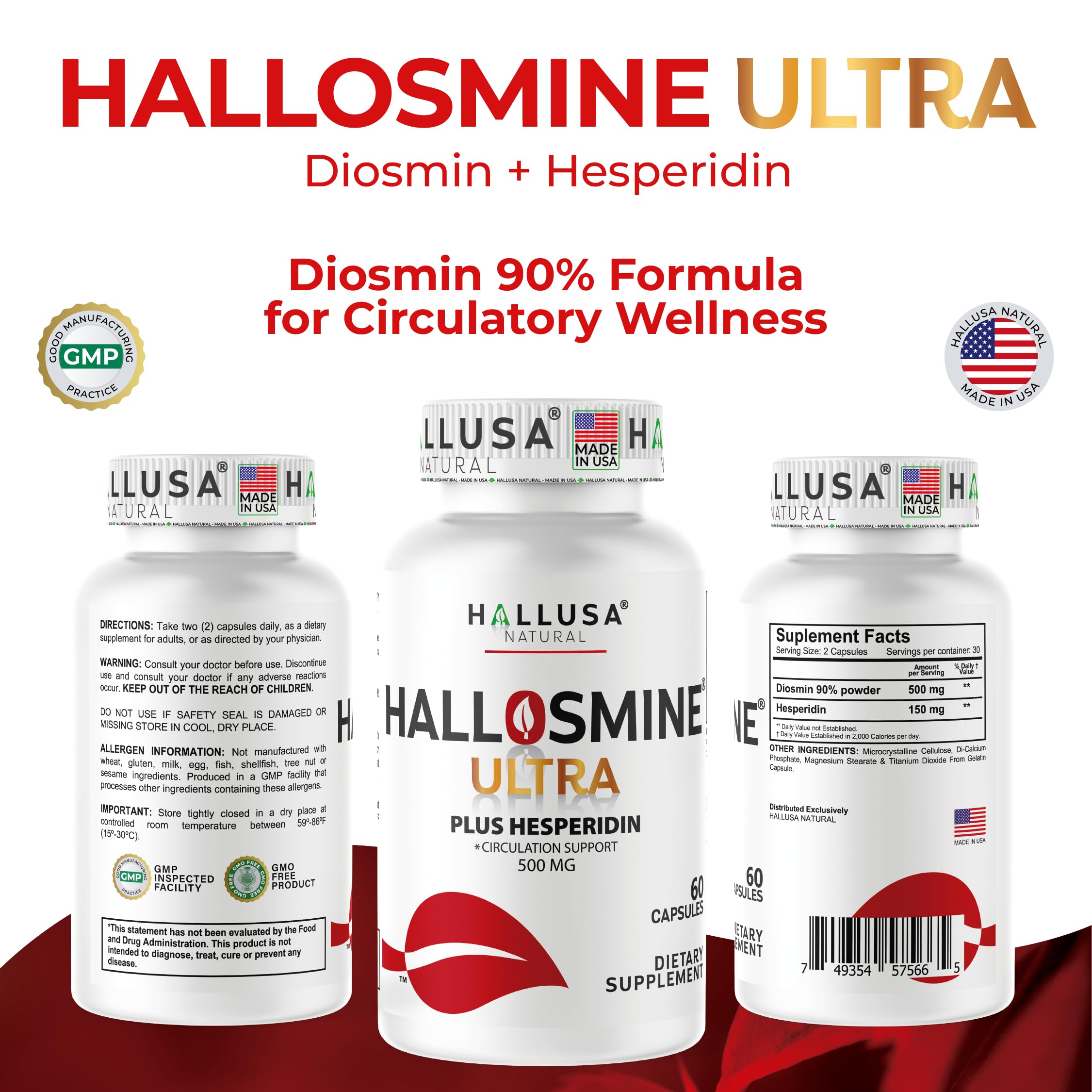 Hallosmine Ultra 650mg Diosmin Hesperidin, 60 Capsules + FREE Leg Cream with Diosmin, Hesperidin & Horse Chestnut, 4 oz | Blood Circulation & Vein Support Supplement, GMO Free, Gluten Free Hallusa Natural buy supplements canada