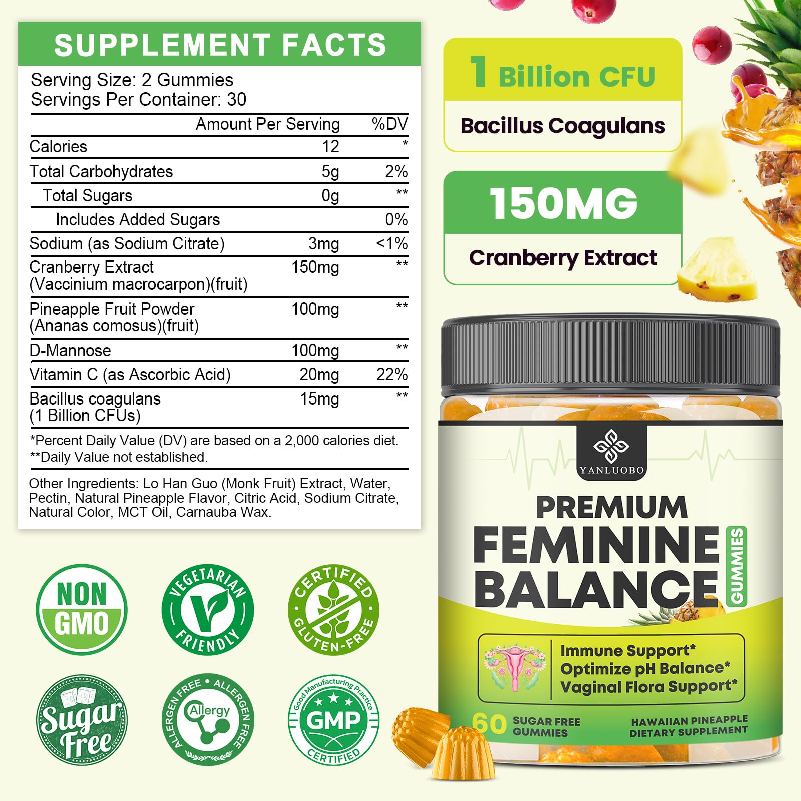 YANLUOBO Feminine Balance Probiotic Gummies - Women's Vaginal Health Support | PH Balance & Odor, Flora, Immune Support | Probiotics for Women, Vegan Pineapple Flavor, 60 Count YANLUOBO buy supplements canada