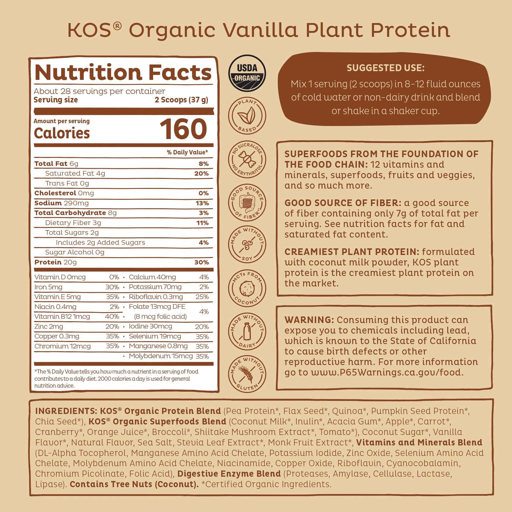 KOS Vegan Protein Powder Erythritol Free, Vanilla USDA Organic - Pea Protein Blend, Plant Based Superfood Rich in Vitamins & Minerals - Keto, Dairy Free - Meal Replacement for Women & Men, 28 Servings KOS buy supplements canada