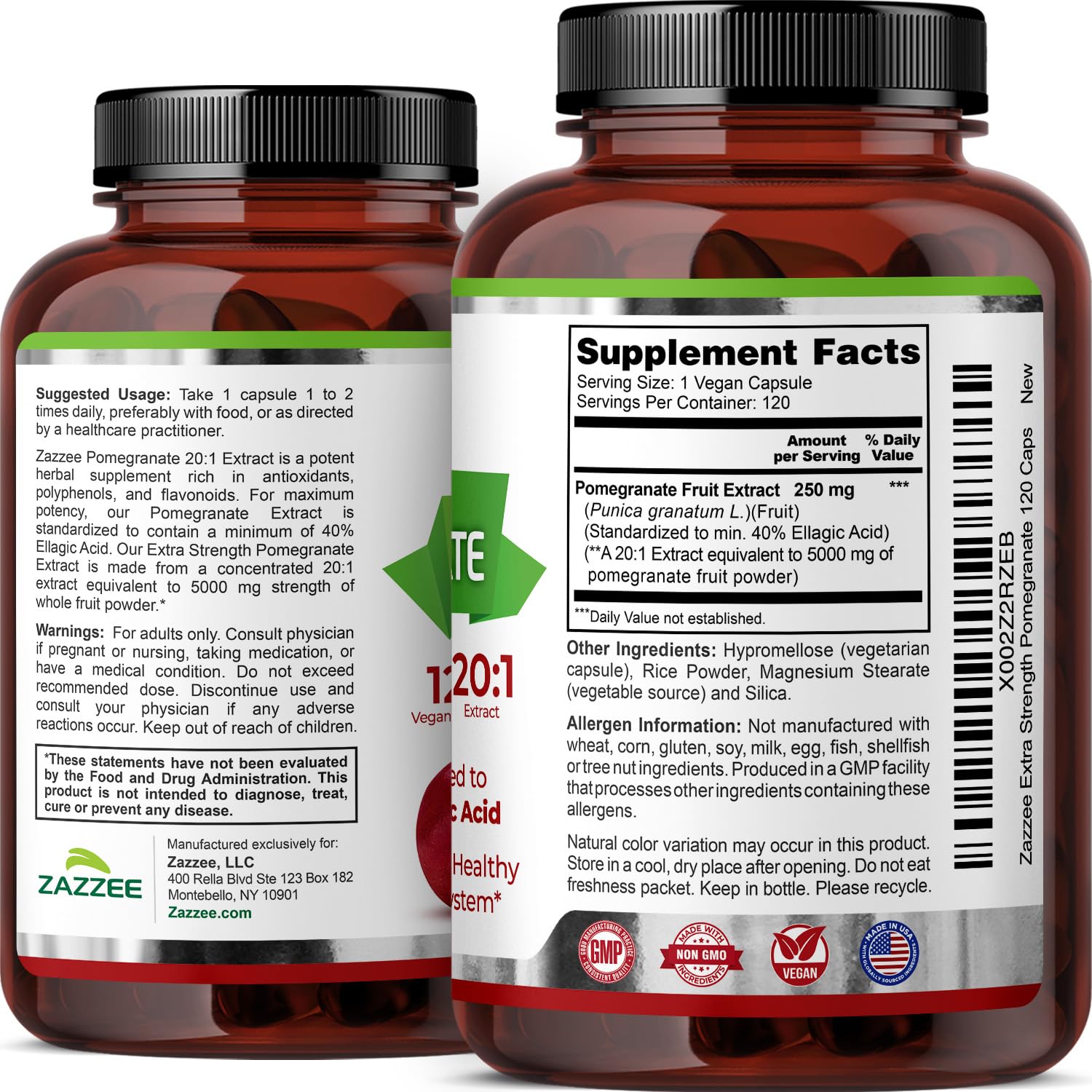 Zazzee Extra Strength Pomegranate 20:1 Extract, 40% Ellagic Acid, 120 Vegan Capsules, 4 Month Supply, Punica Granatum, Antioxidant & Cellular Health Support, Non-GMO, Made in the USA Zazzee buy supplements canada