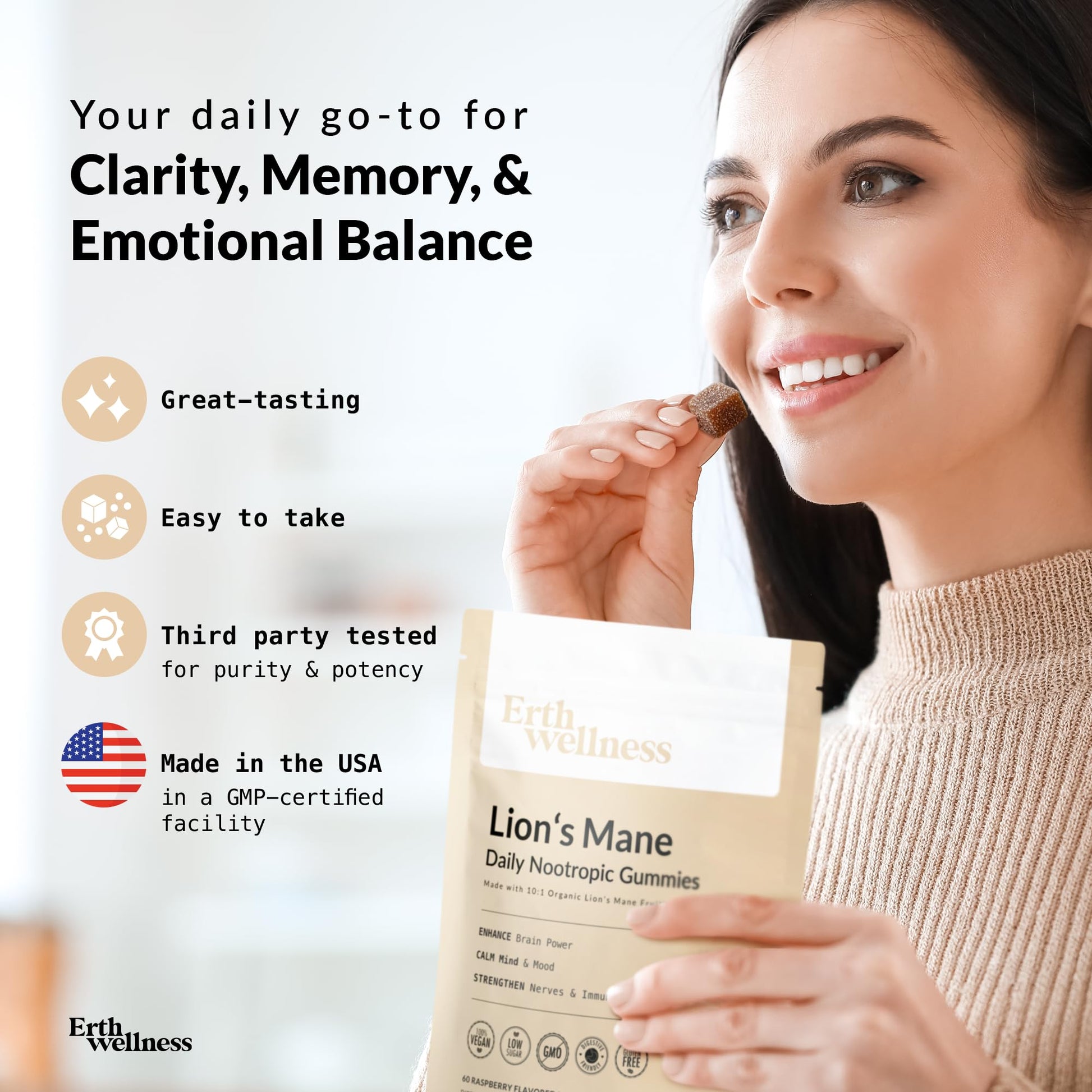 Erth Wellness Lion’s Mane Mushroom Gummies – 10,000mg Fruiting Body Extract per Serving – Brain & Focus Support – Daily Nootropic – Vegan, Low Sugar, Non-GMO – 60 Ct Erth Wellness buy supplements canada