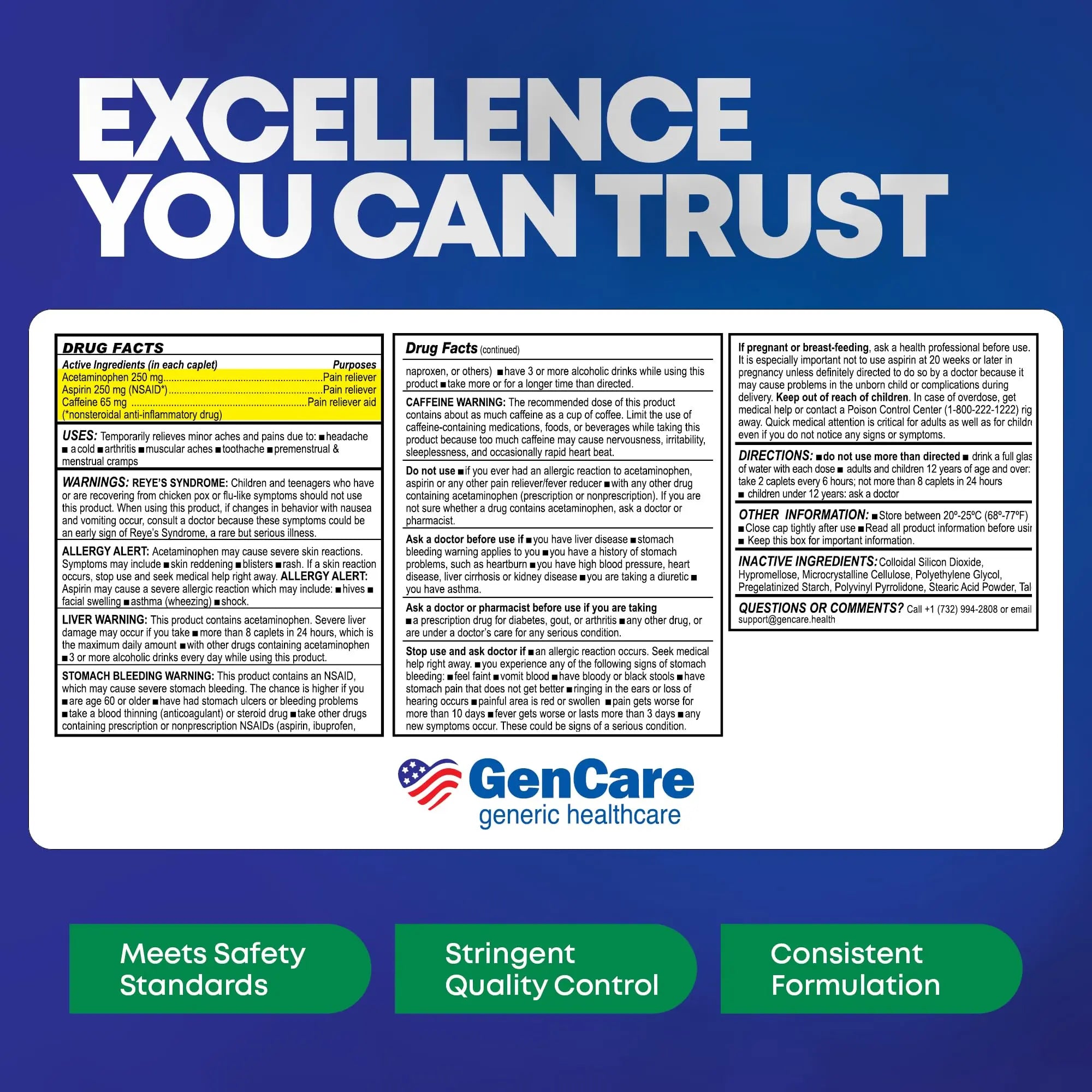 GenCare - Headache Relief Acetaminophen with Aspirin (NSAID) & Caffeine (300 Caplets) Value Pack | Head Pain, Muscle Aches, Back Pain & Body | Generic ExcedrEn Extra Strength GenCare buy supplements canada
